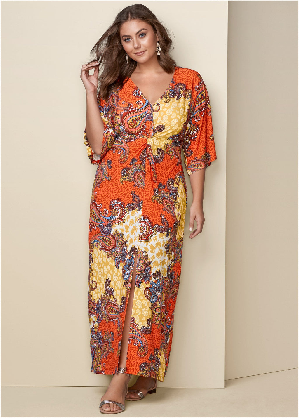 Twist Front Maxi Dress - Orange Multi