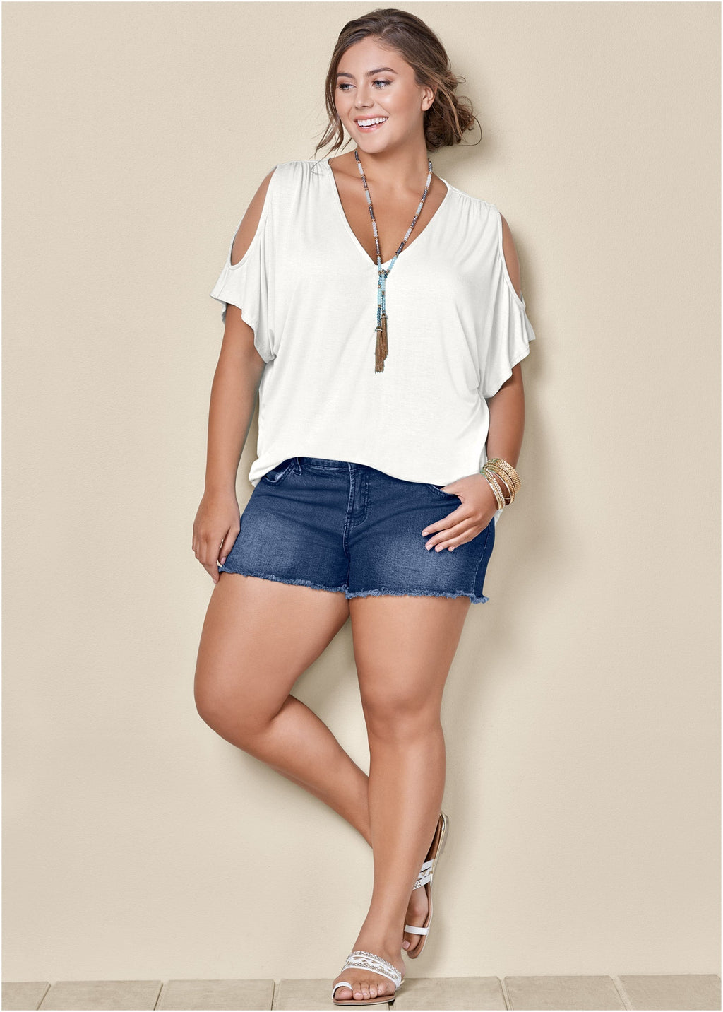 Cold-Shoulder V-Neck Top - White