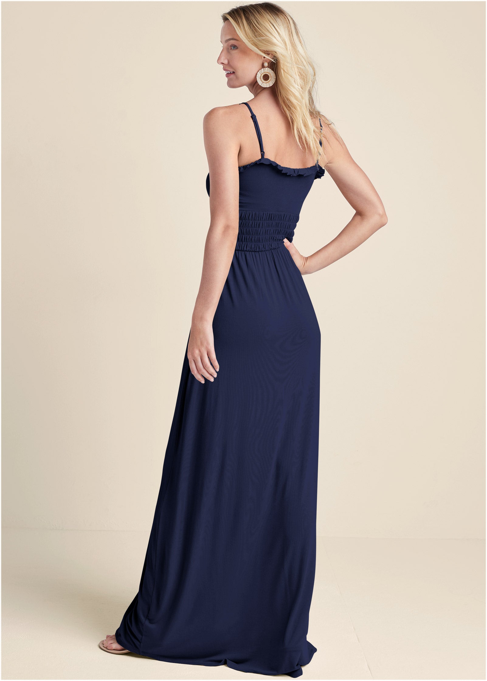 Smocked Lace-Up Dress - Navy