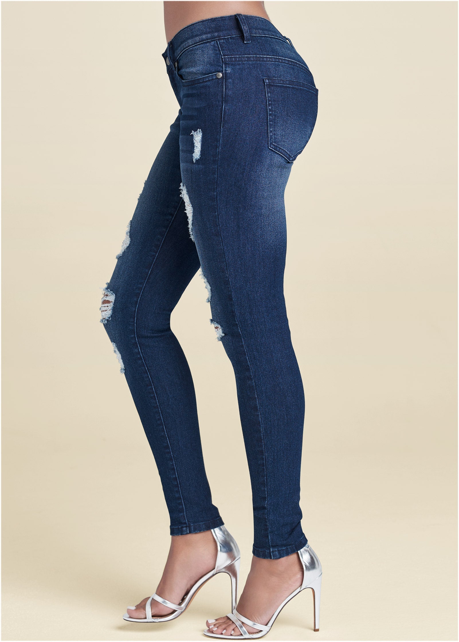 Ripped Skinny Jeans - Dark Wash