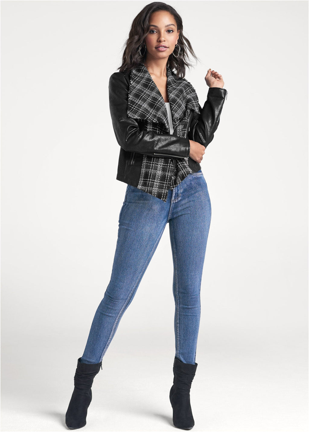 Faux Leather Tweed Jacket - Black Multi