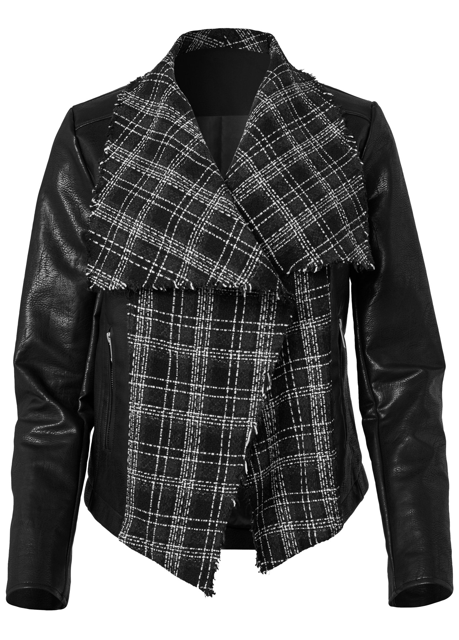 Faux Leather Tweed Jacket - Black Multi