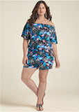 Bahamian Palm Off Shoulder Romper - Blue Multi