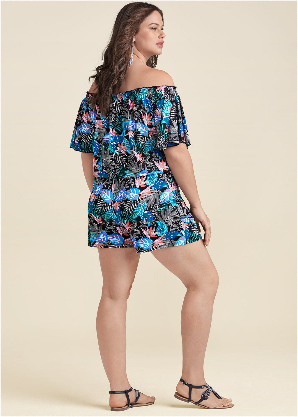 Bahamian Palm Off Shoulder Romper - Blue Multi