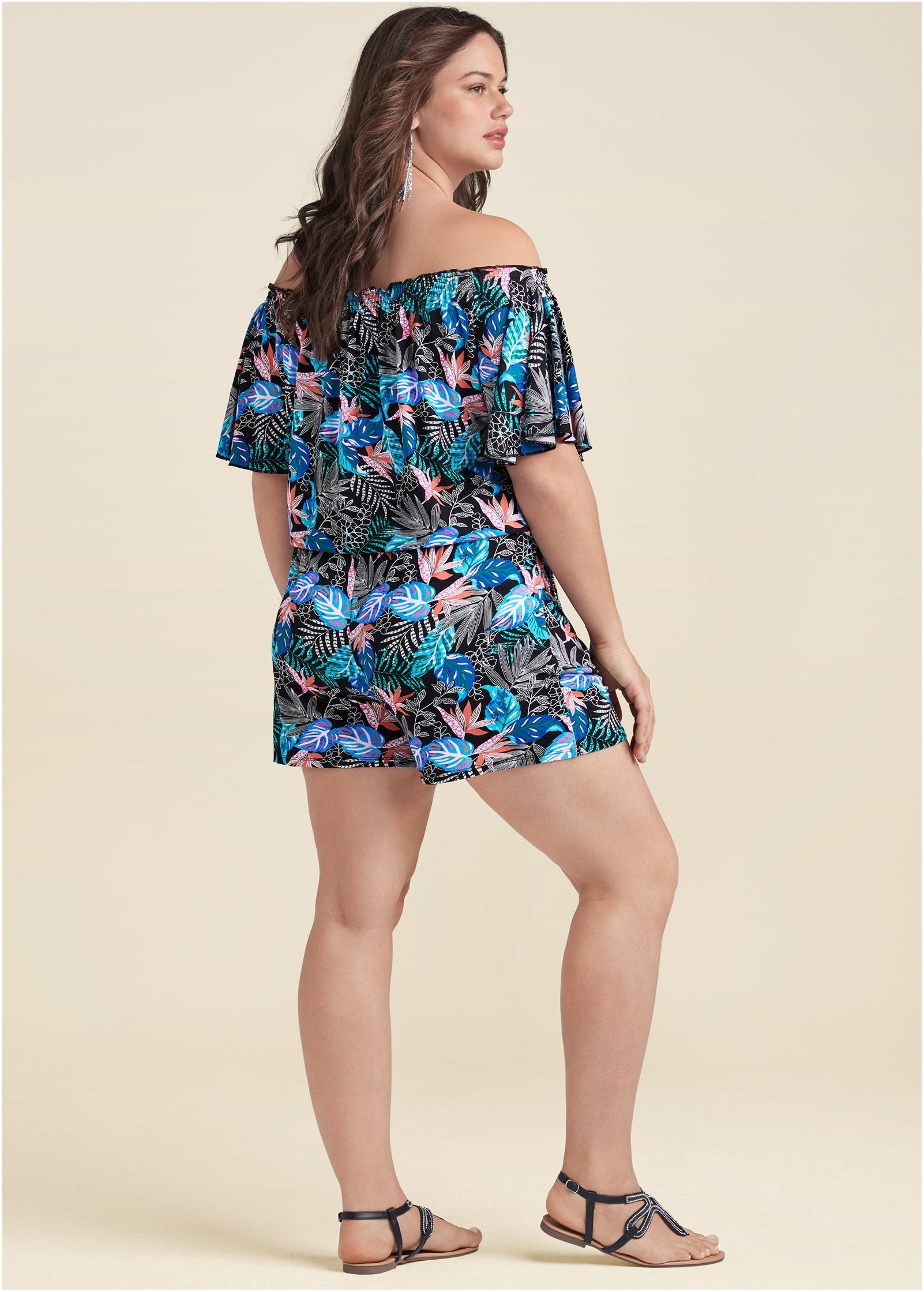 Bahamian Palm Off Shoulder Romper - Blue Multi