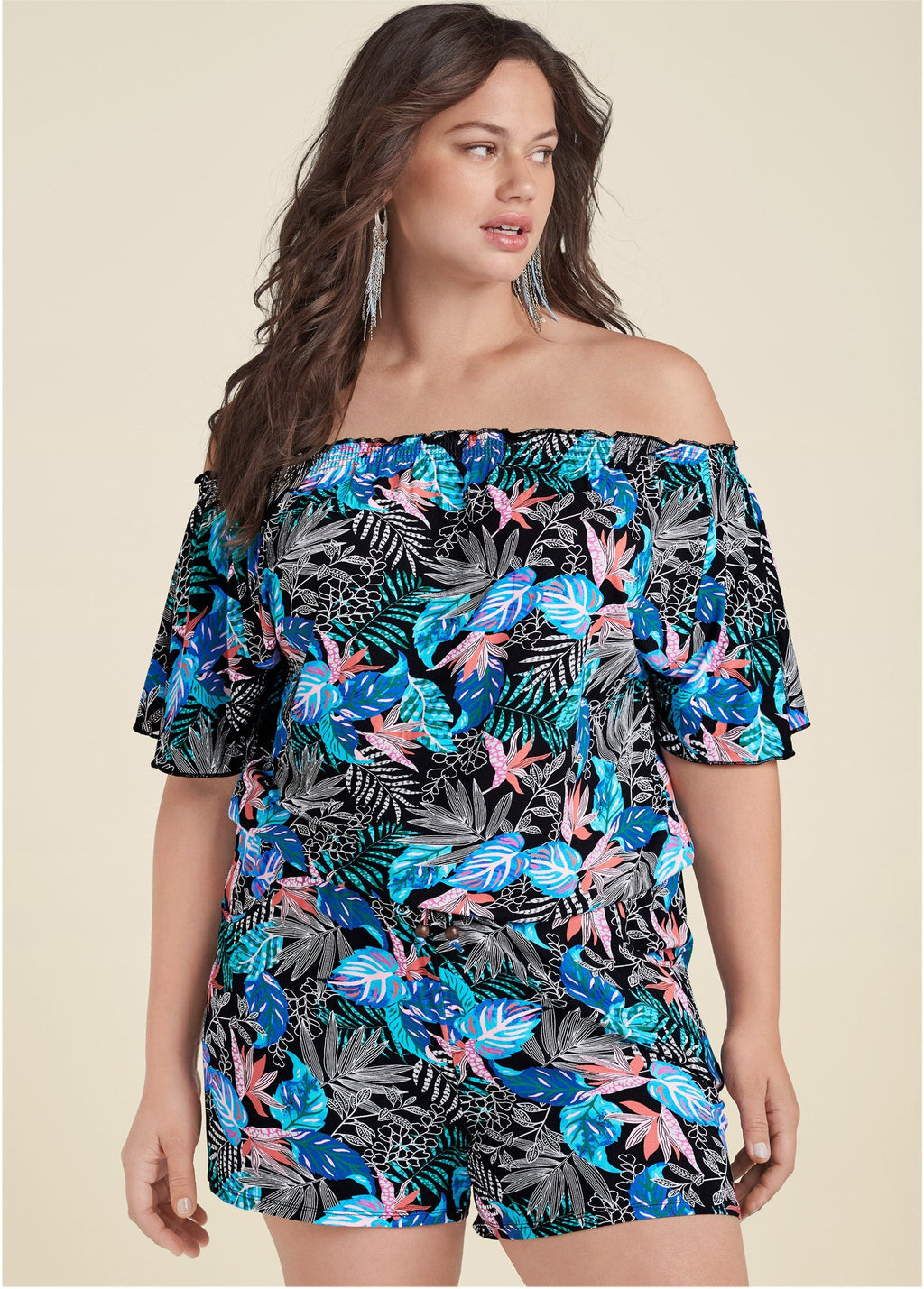 Bahamian Palm Off Shoulder Romper - Blue Multi