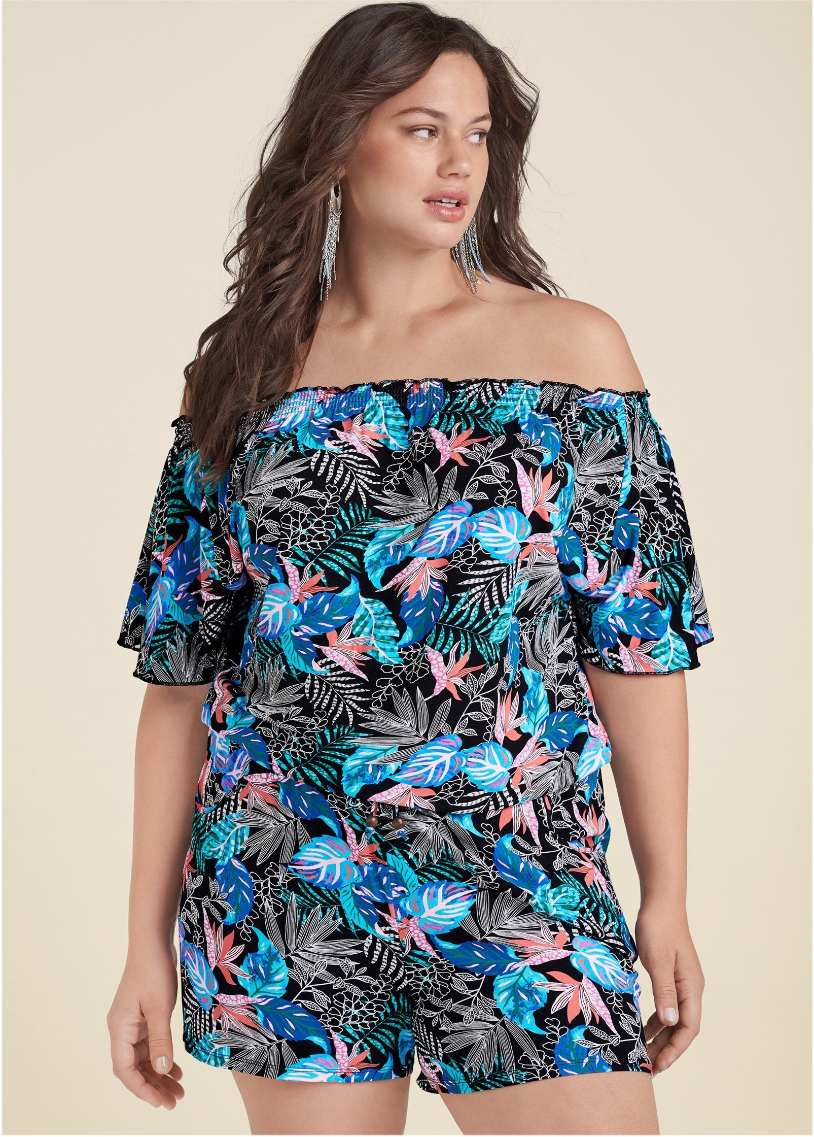 Bahamian Palm Off Shoulder Romper - Blue Multi