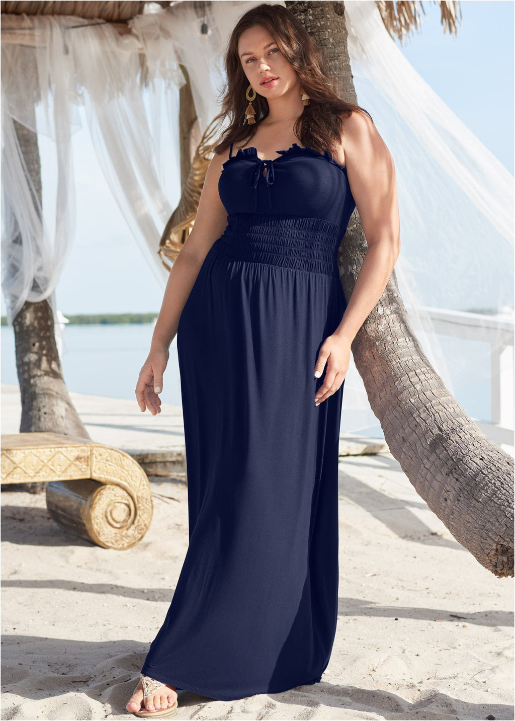 Smocked Lace-Up Dress - Navy