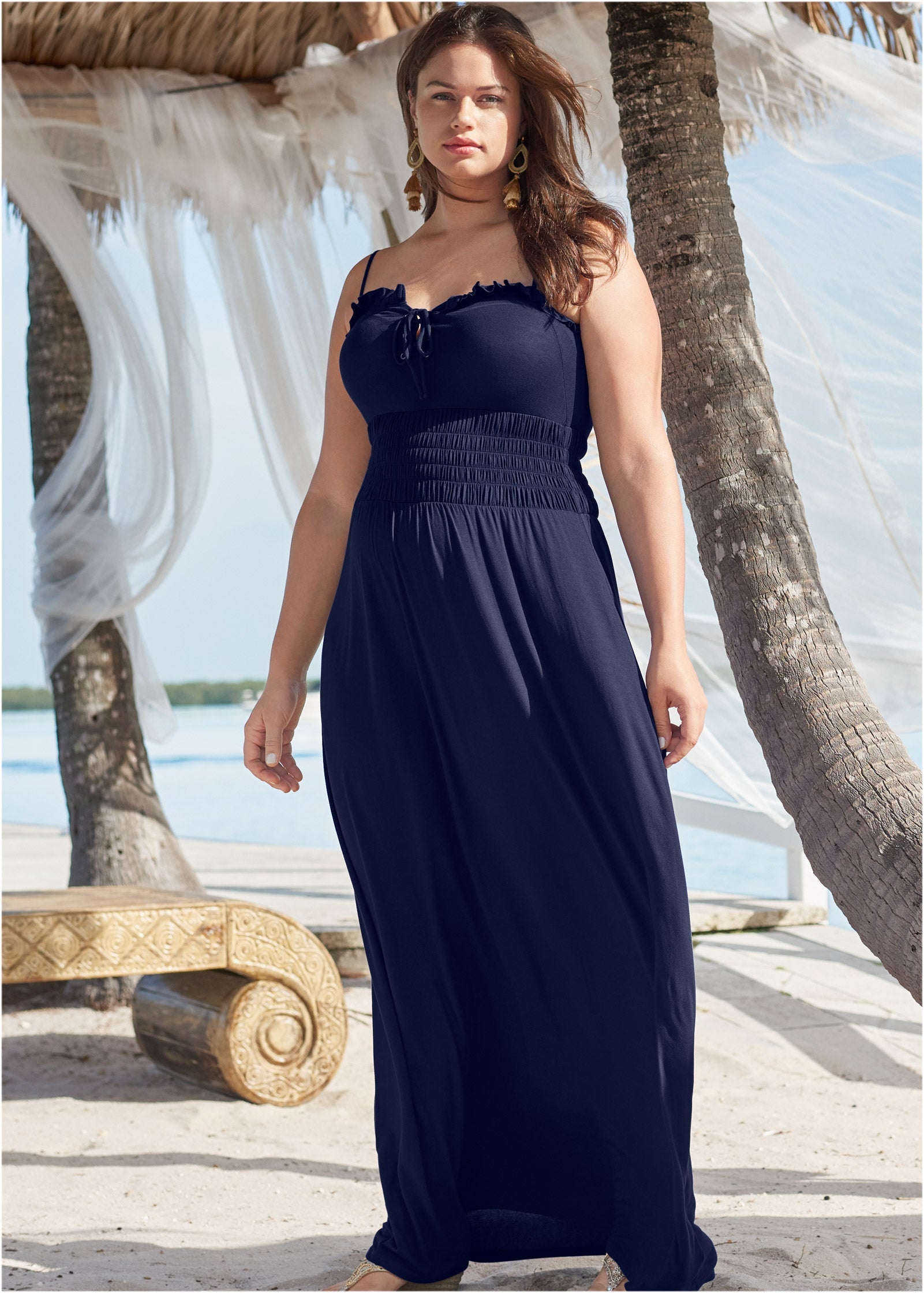 Smocked Lace-Up Dress - Navy