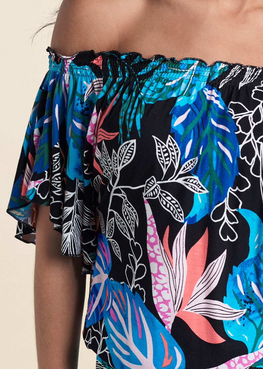 Bahamian Palm Off Shoulder Romper - Blue Multi