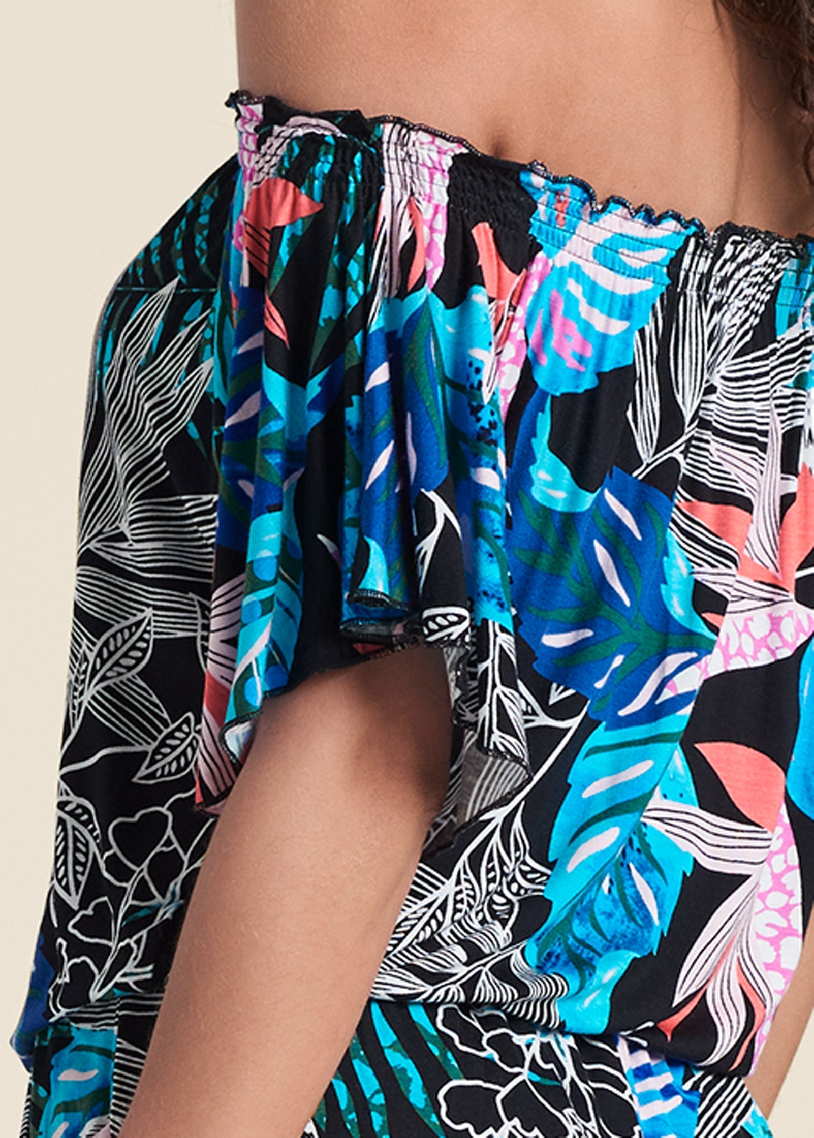 Bahamian Palm Off Shoulder Romper - Blue Multi