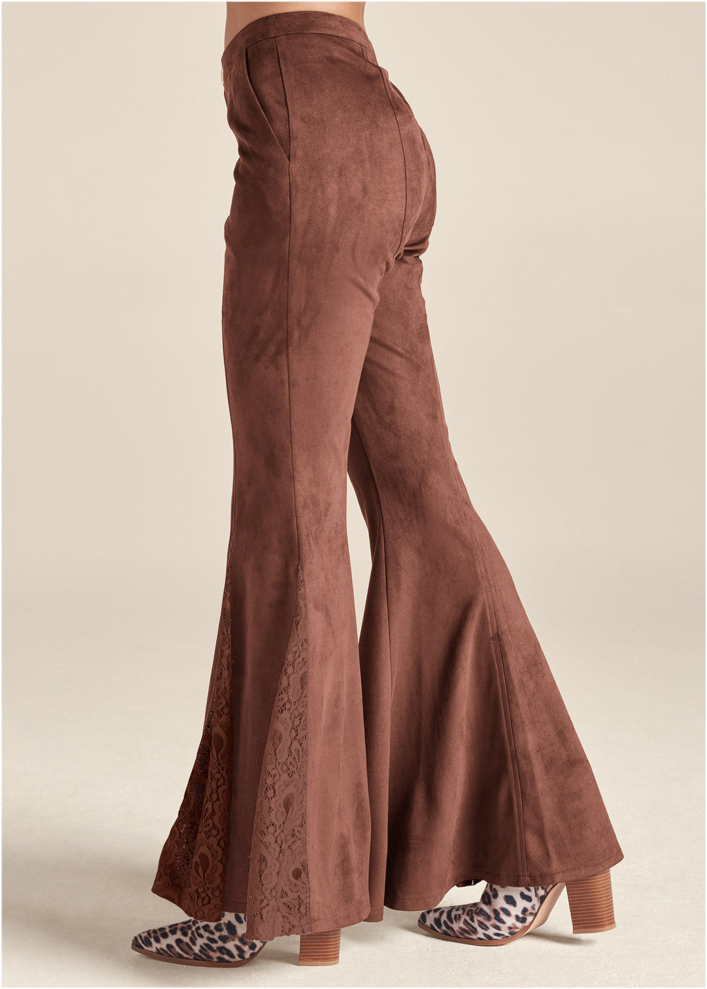 Faux Suede Flare Pants - Brown Multi