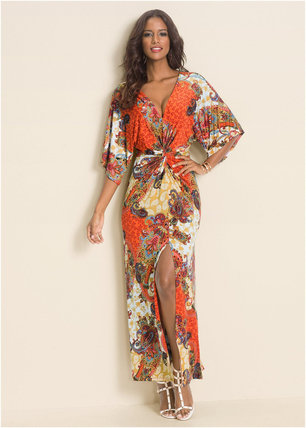 Twist Front Maxi Dress - Orange Multi