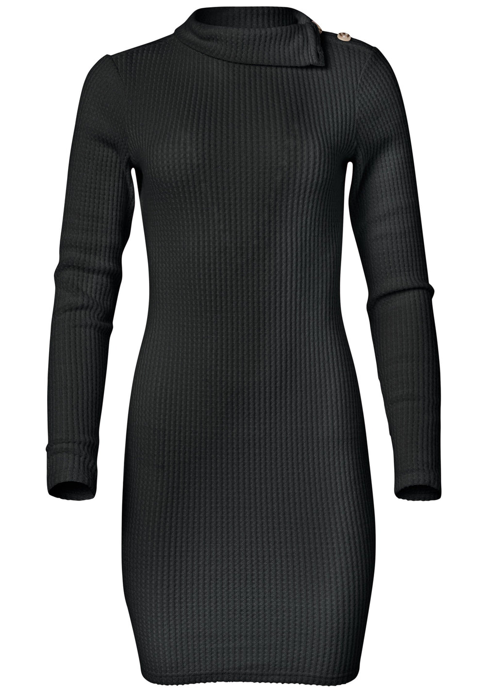 Brushed Waffle Foldover Dress - Black