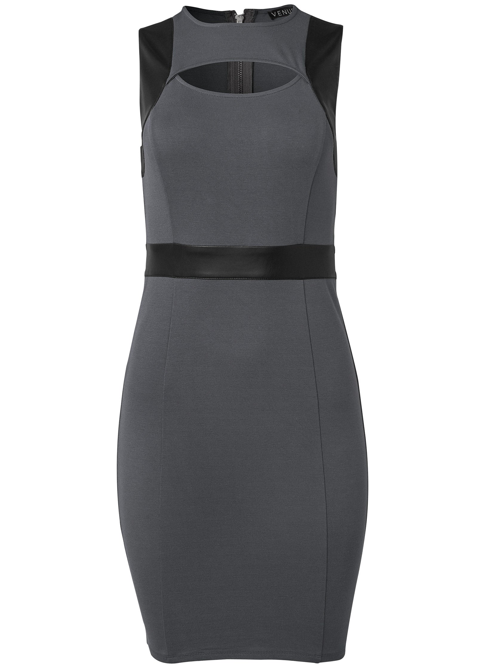 Faux-Leather Trim Bodycon Dress  - Grey & Black
