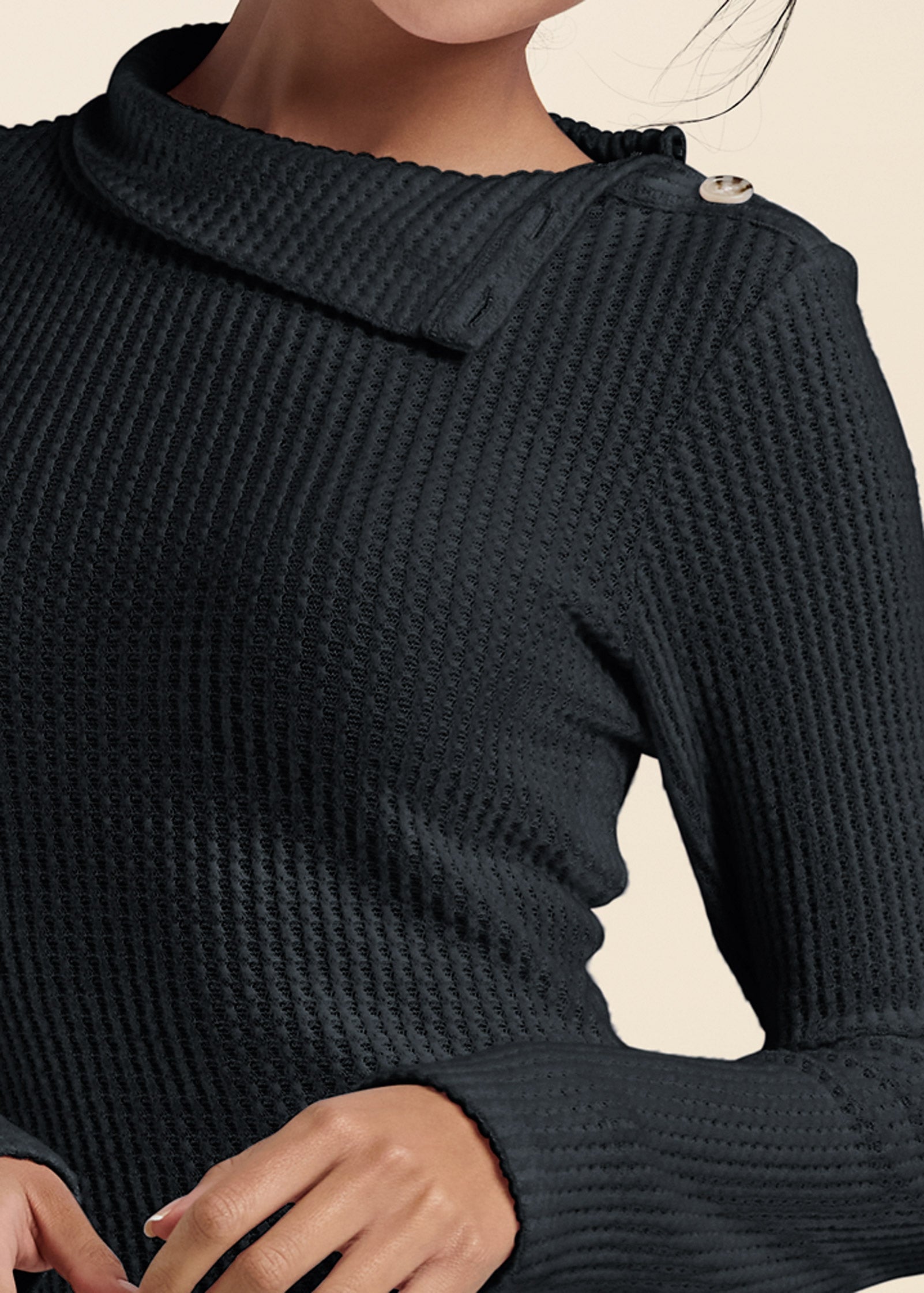 Brushed Waffle Foldover Dress - Black