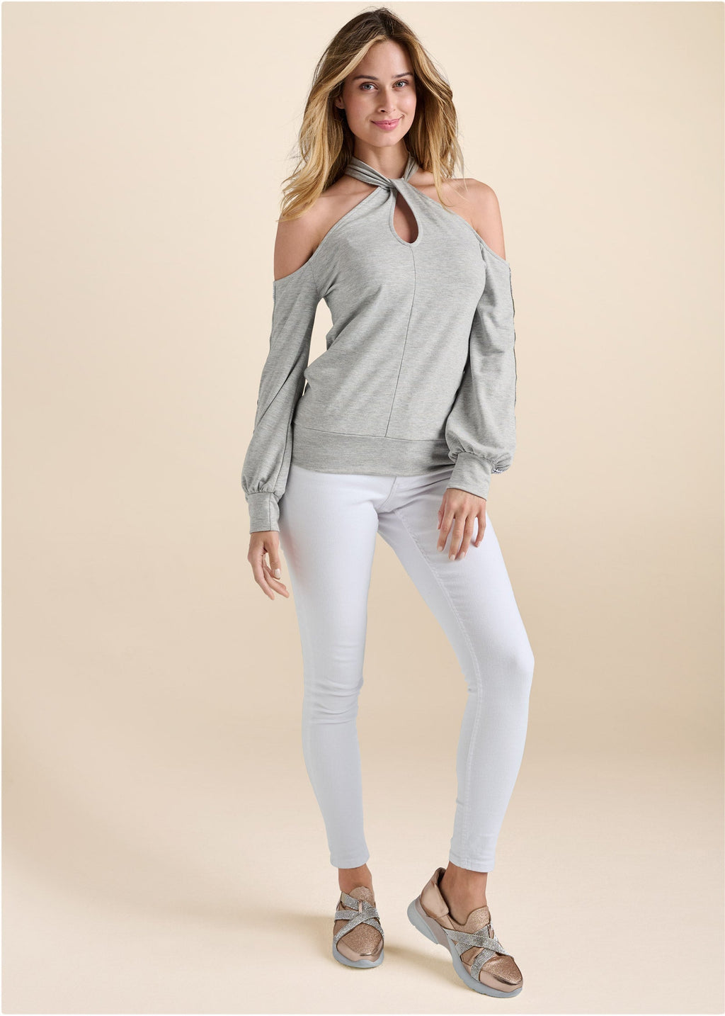 Keyhole Embellished Top  - Heather Grey
