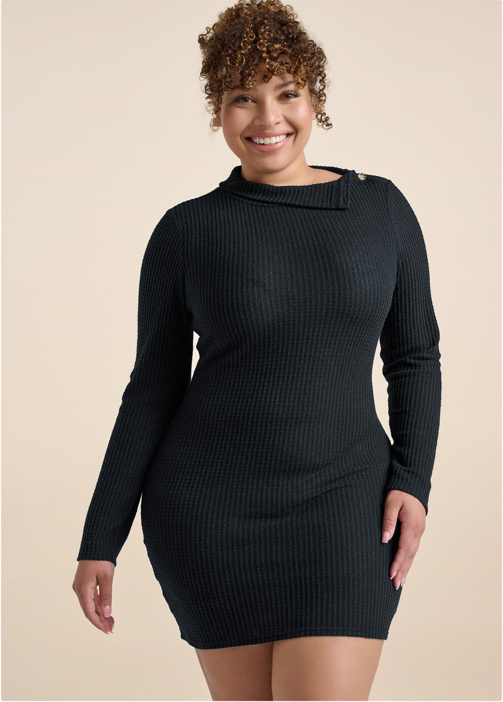 Brushed Waffle Foldover Dress - Black