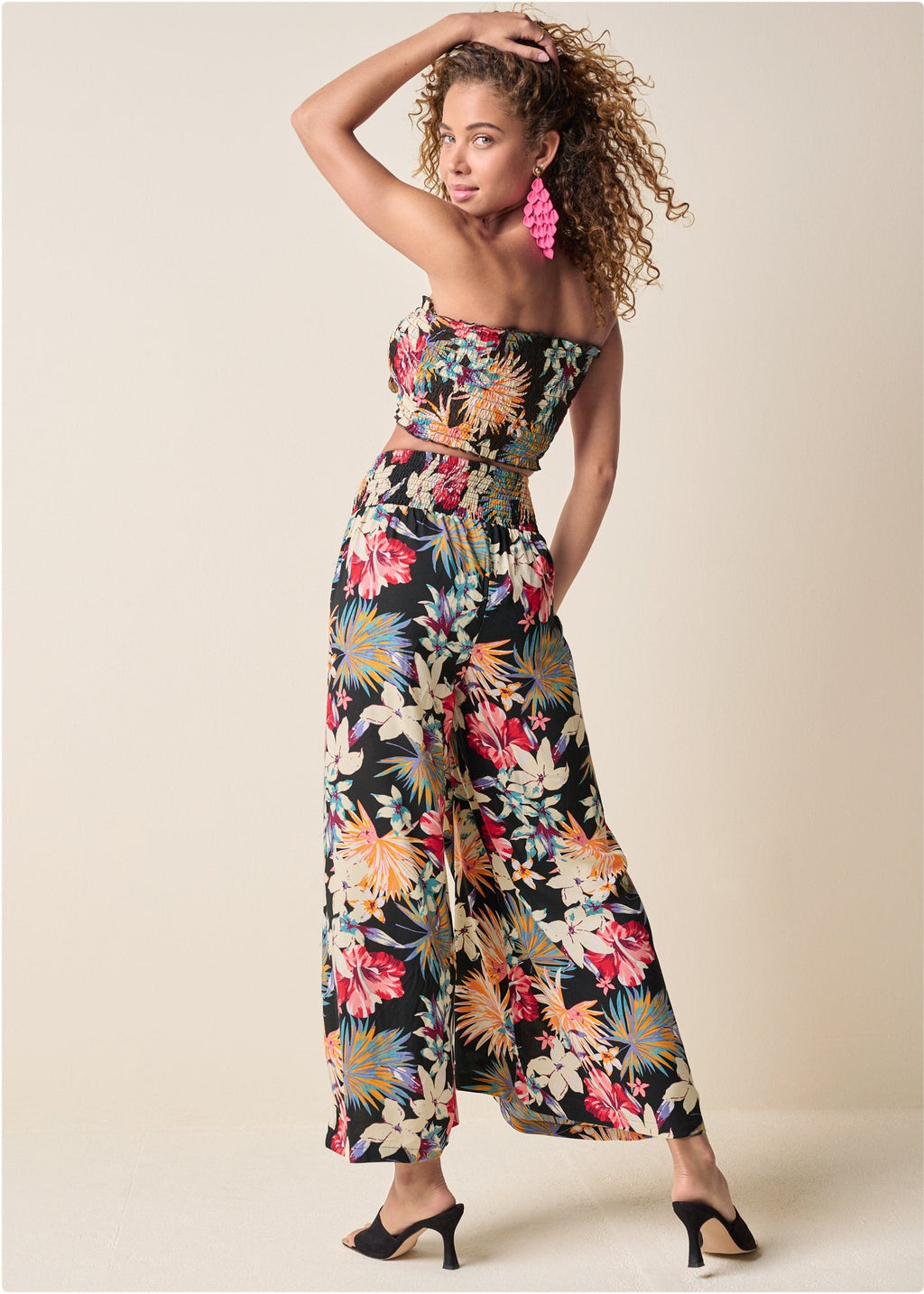 Smocked Waist Flared Pants  - Black Multi