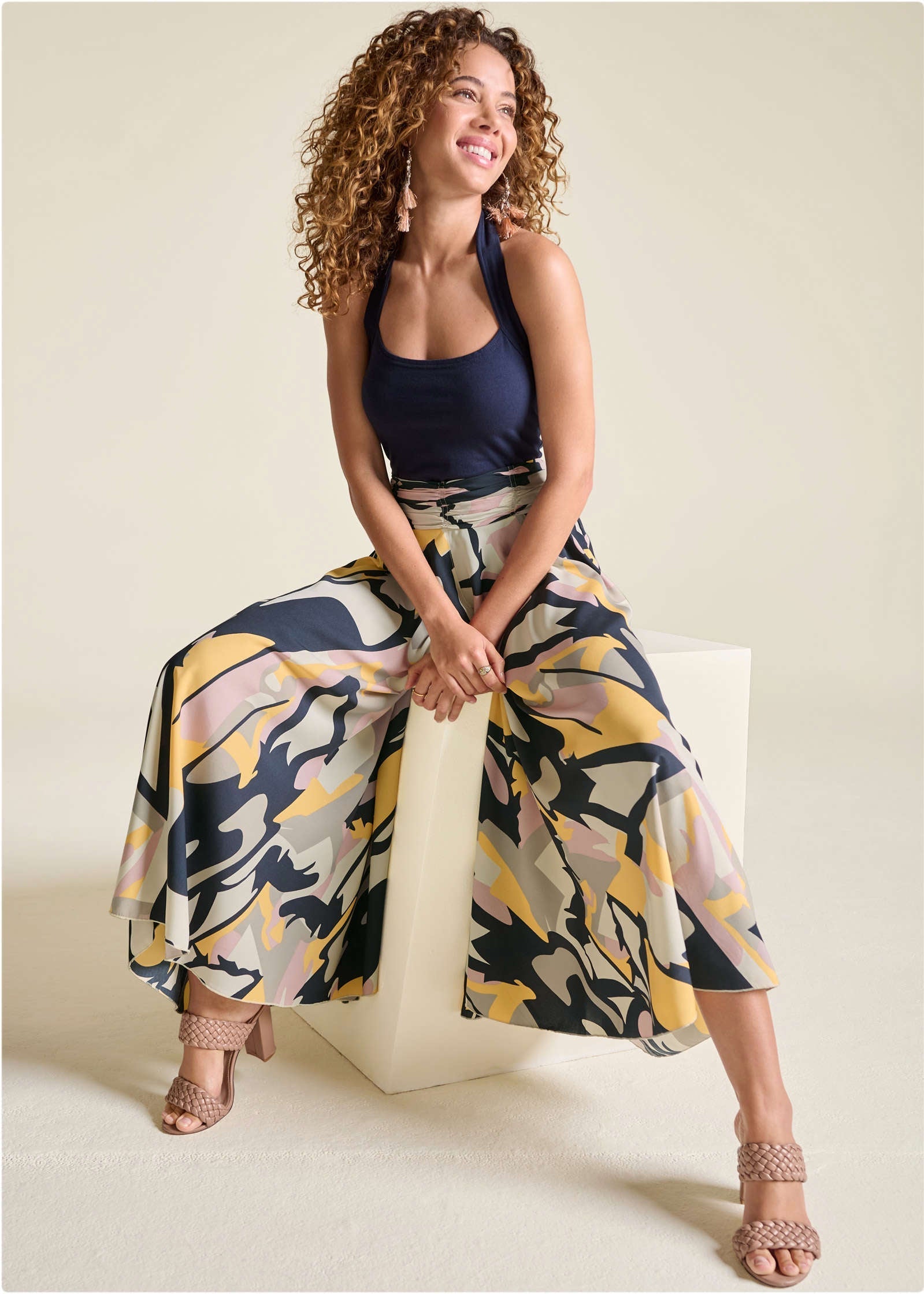Printed Flowy Pants - Navy Multi