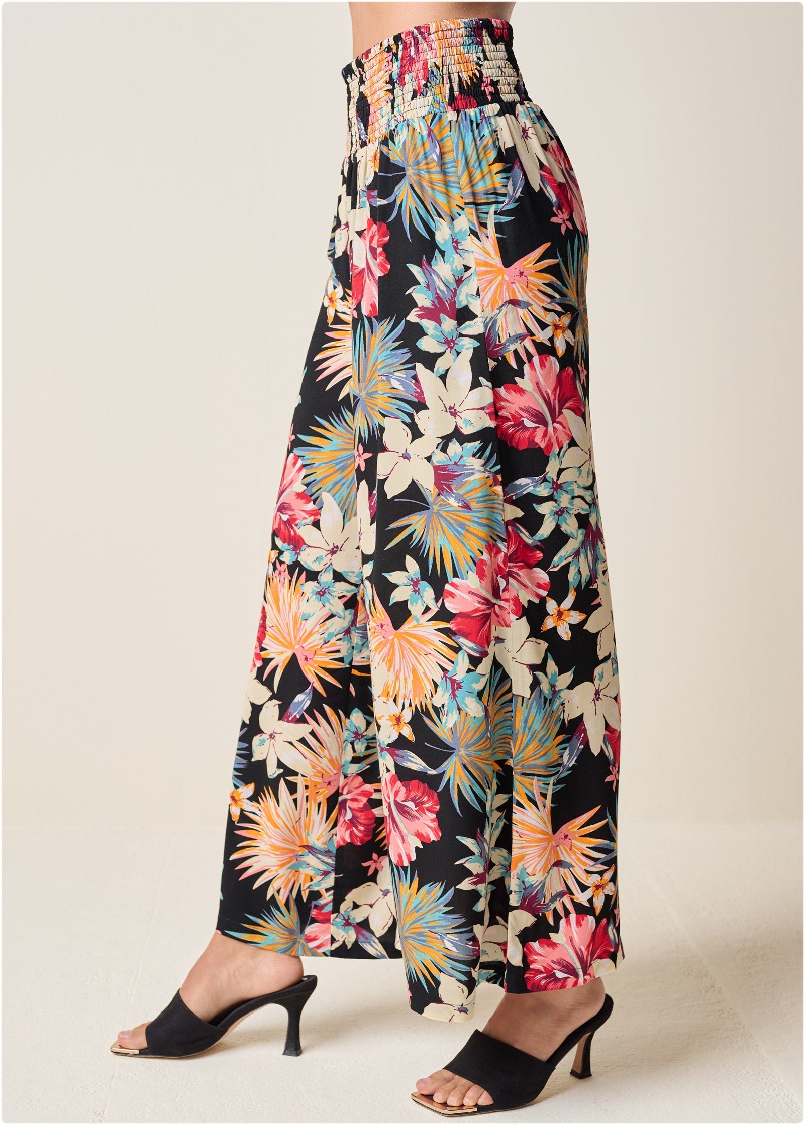 Smocked Waist Flared Pants  - Black Multi