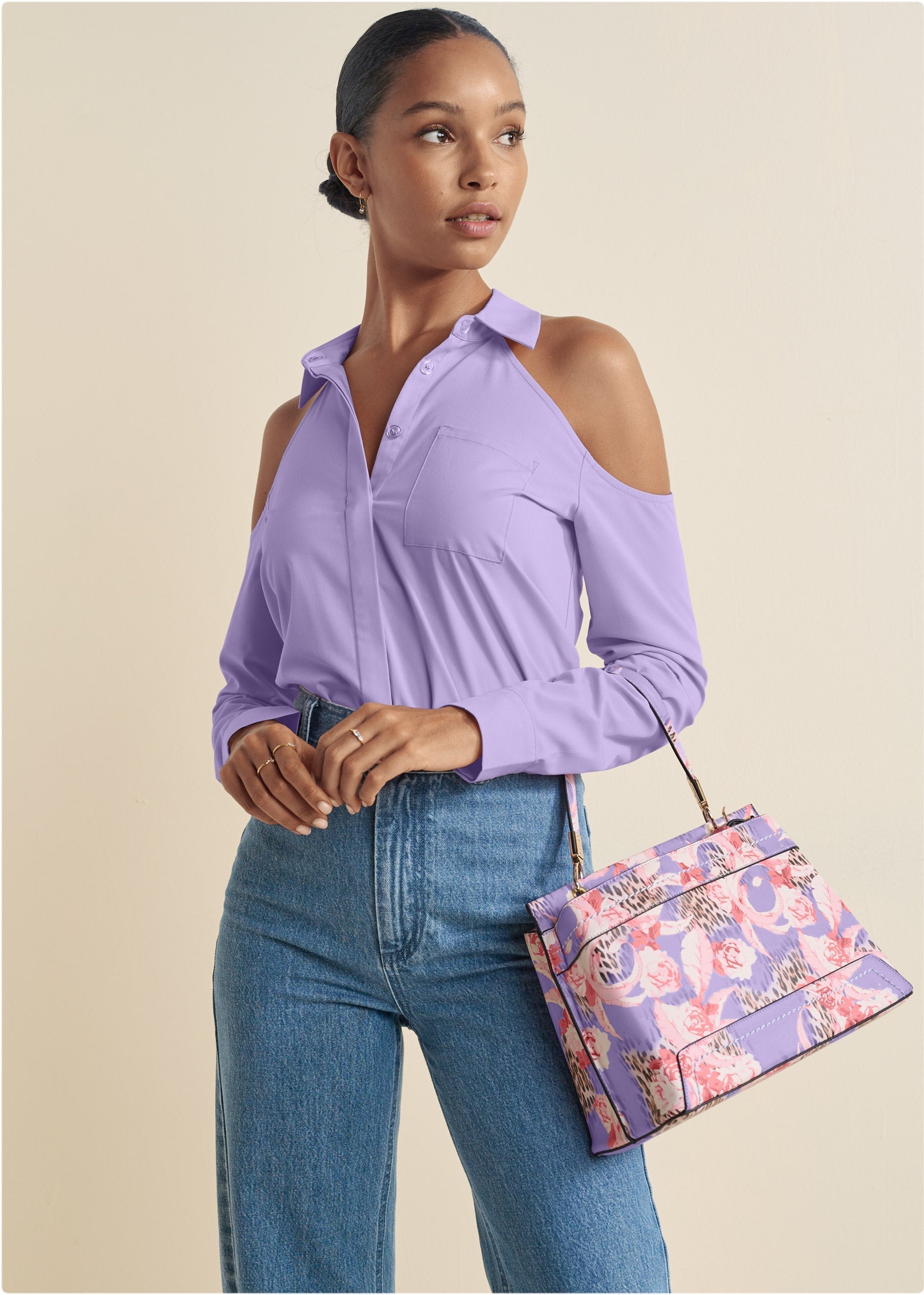 Cold-Shoulder Button-Up Top - Purple