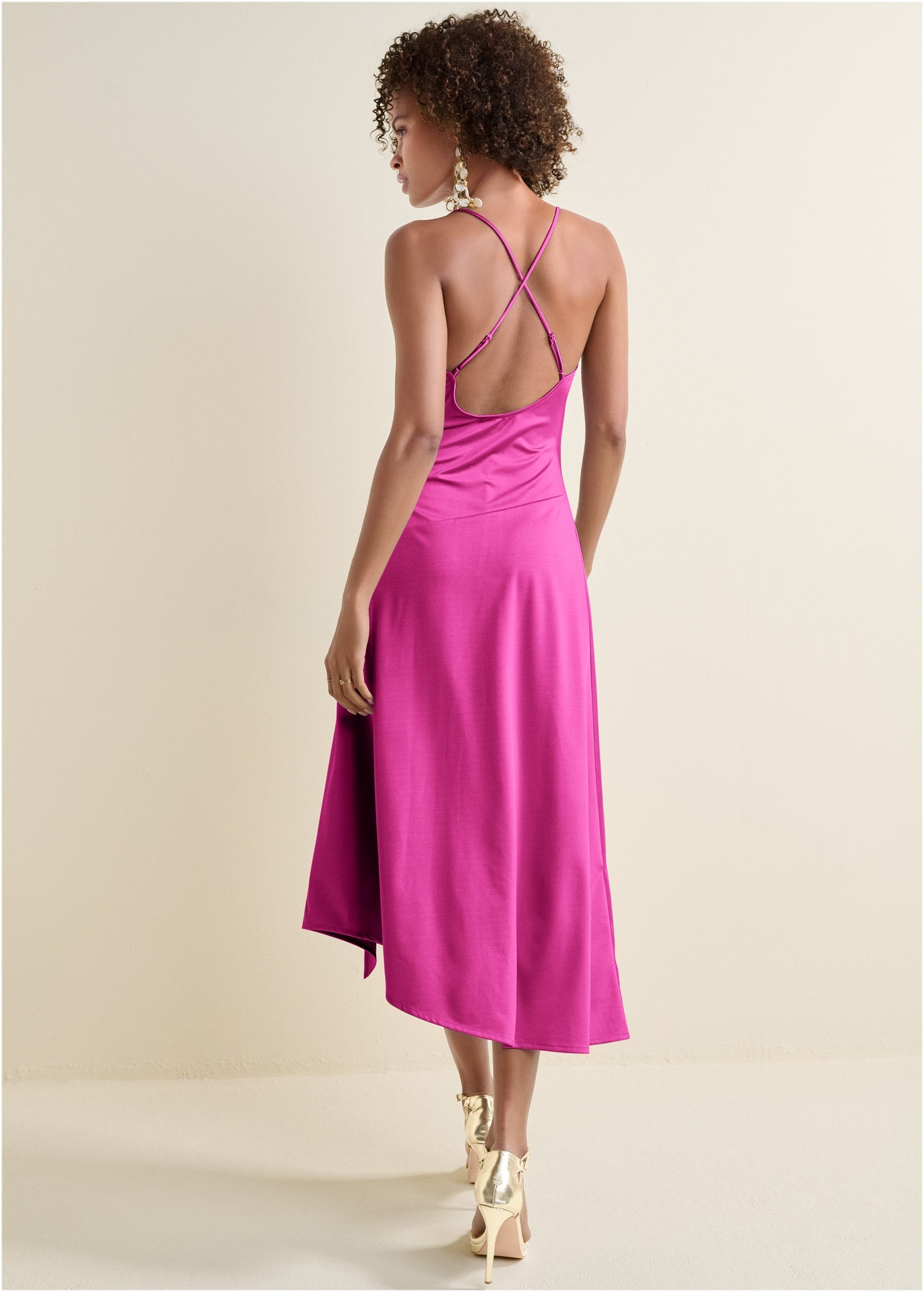 Satin Midi Dress  - Fuchsia