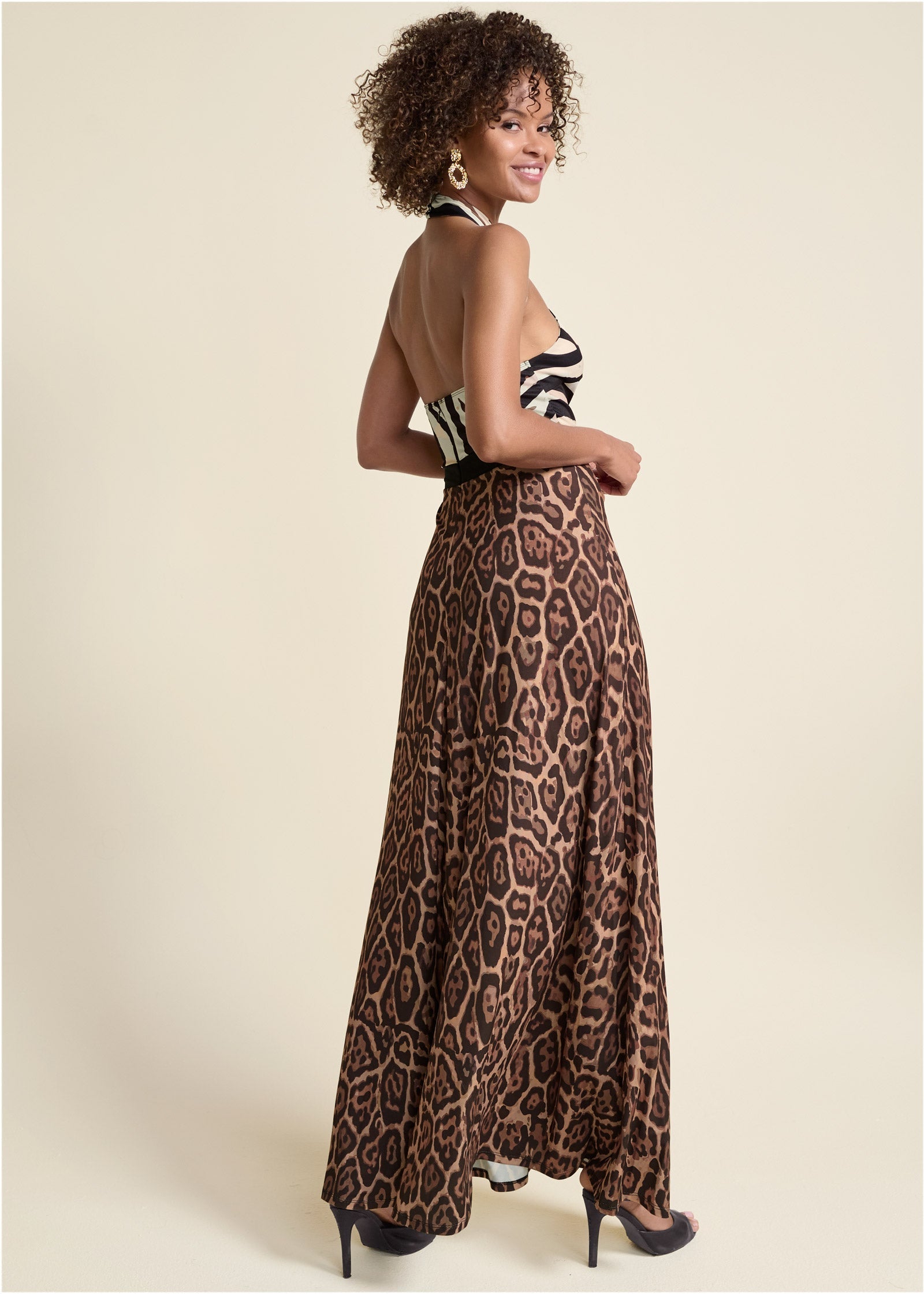 Cross-Neck Printed Dress  - Black Multi