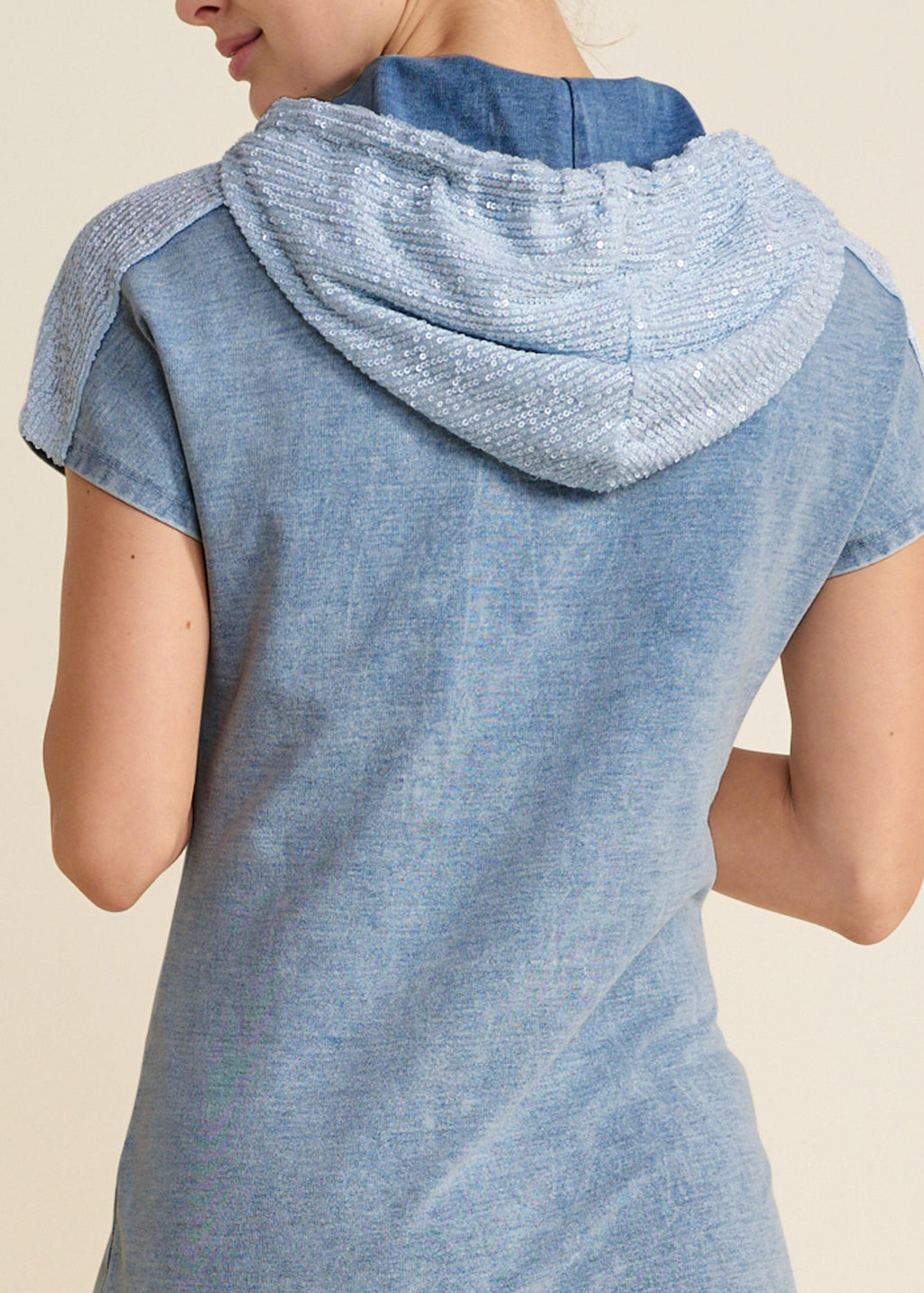 Stone Wash Hooded Dress - Blue & White