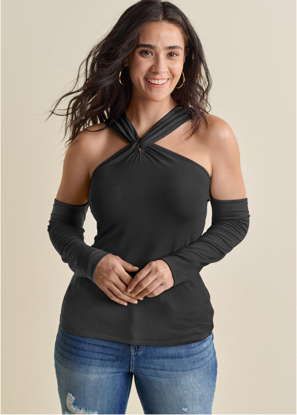 Cold-Shoulder Long Sleeve Top - Black