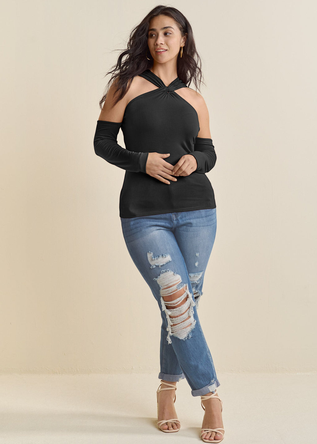 Cold-Shoulder Long Sleeve Top - Black