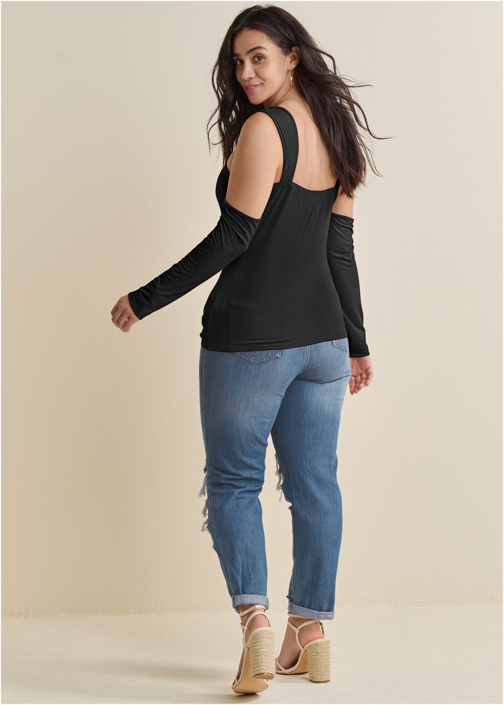 Cold-Shoulder Long Sleeve Top - Black