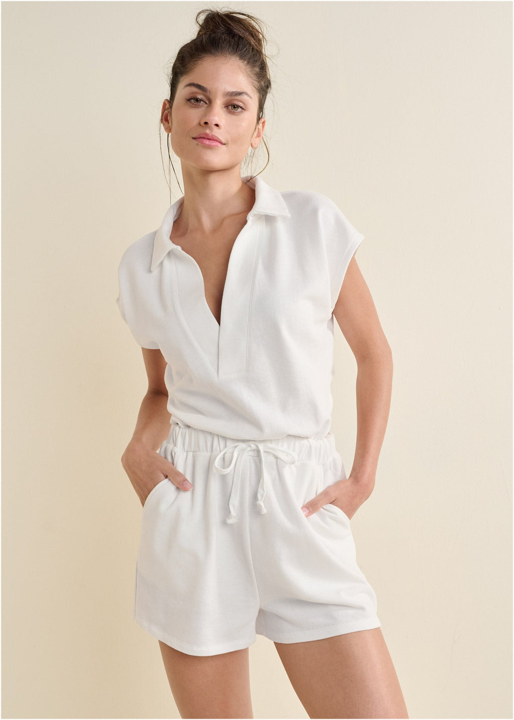 Back Cutout V-Neck Romper - Cloud Dancer