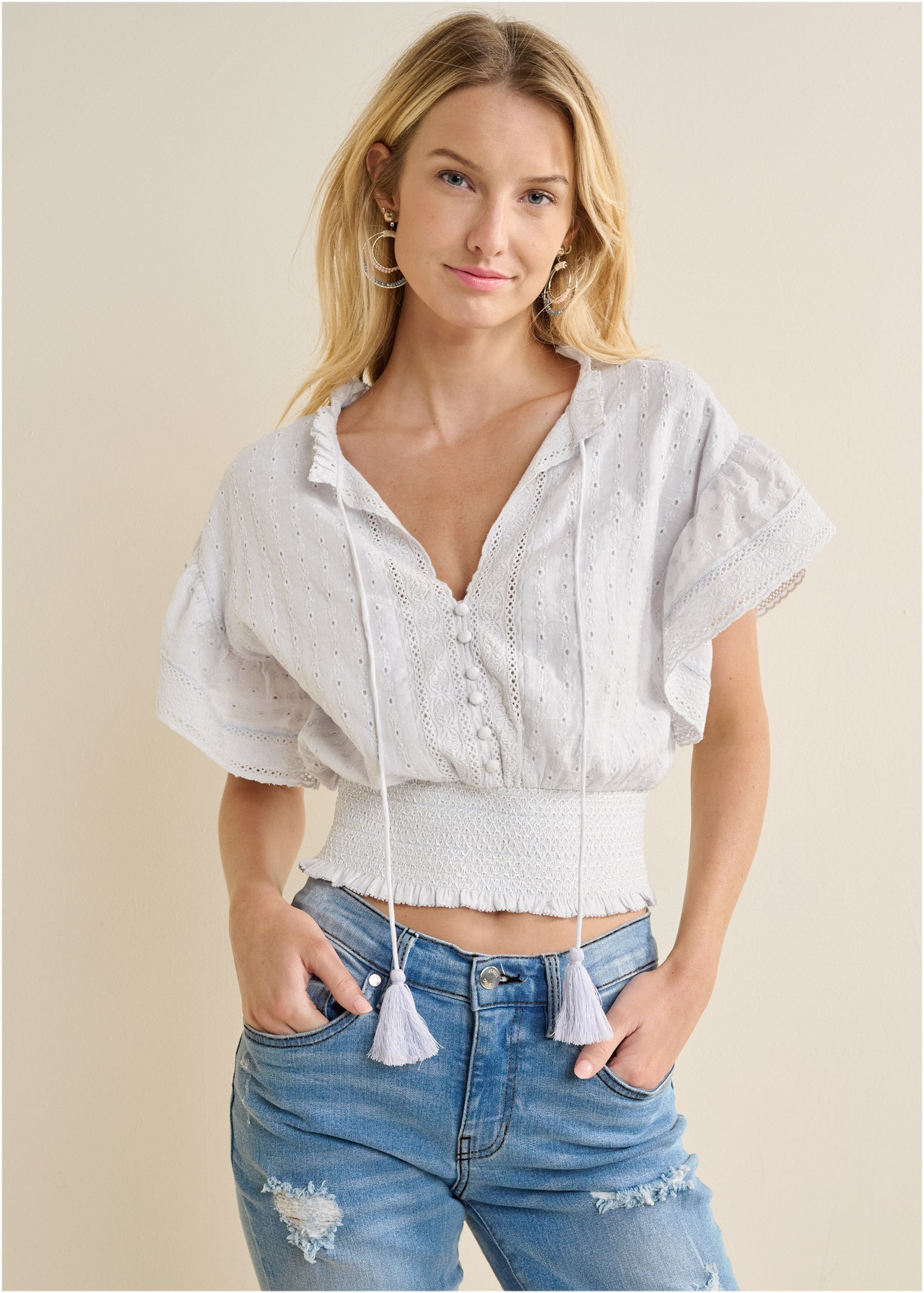 Eyelet Flutter Sleeve Top - Cloud Dancer