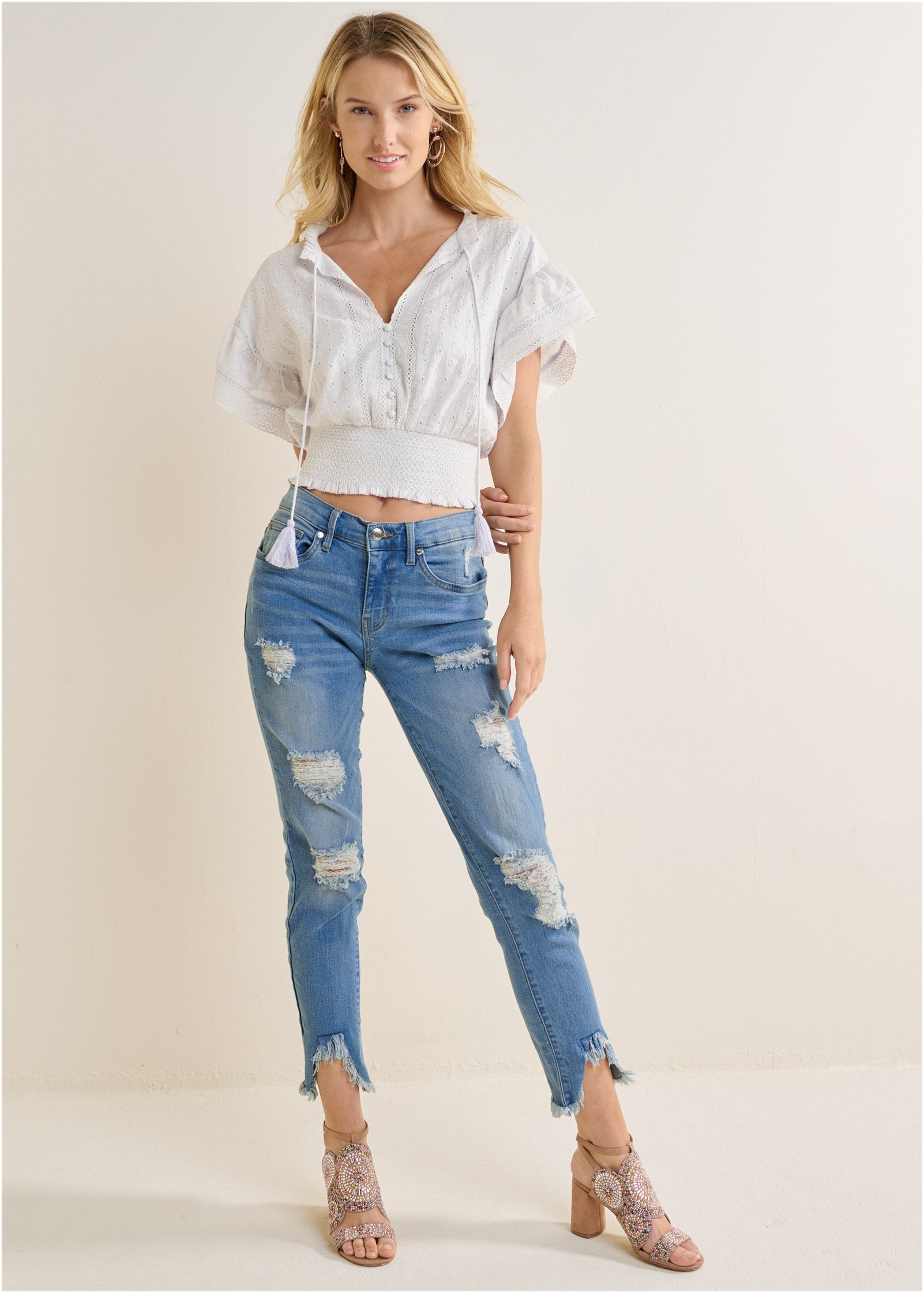 Eyelet Flutter Sleeve Top - Cloud Dancer