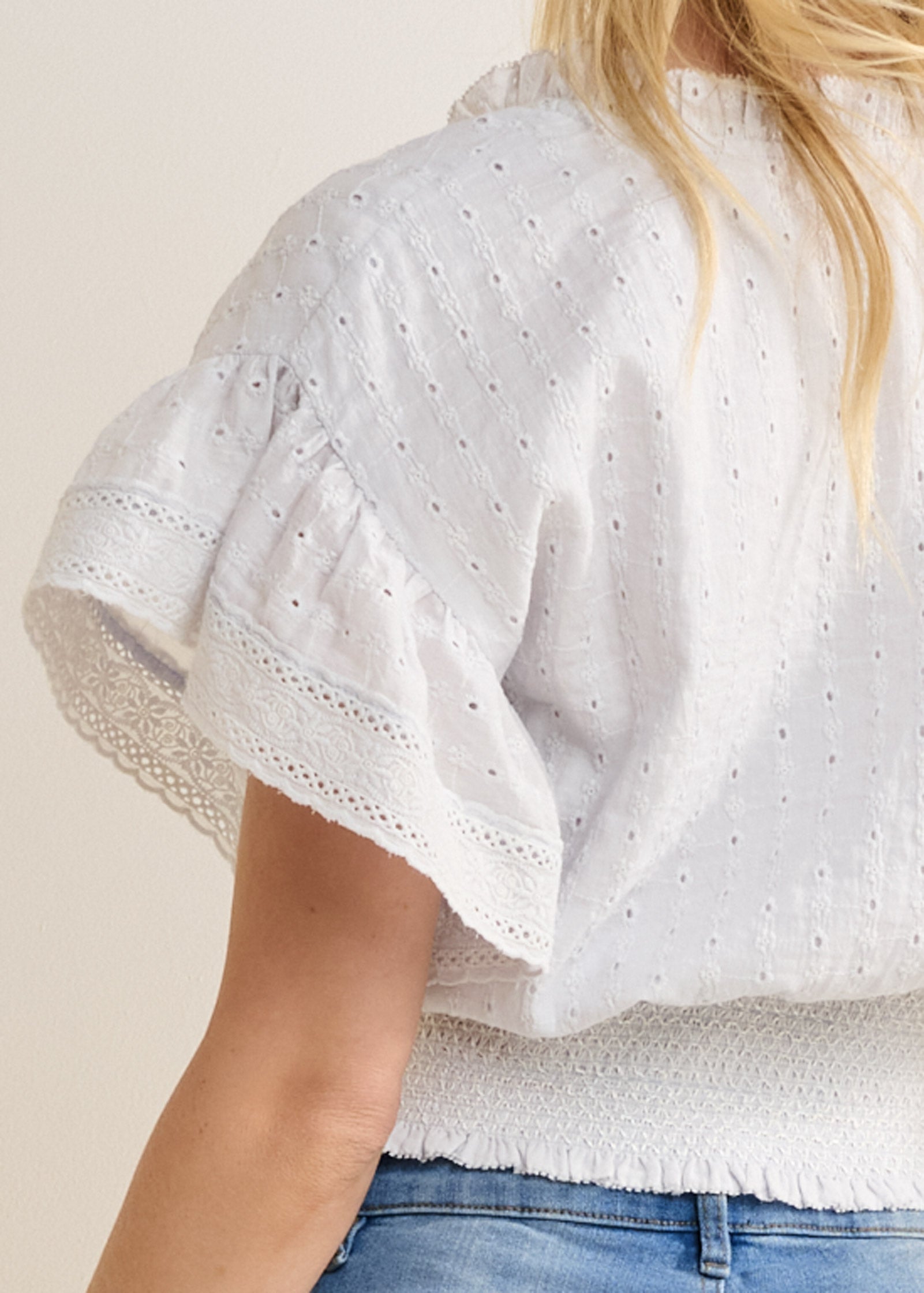 Eyelet Flutter Sleeve Top - Cloud Dancer