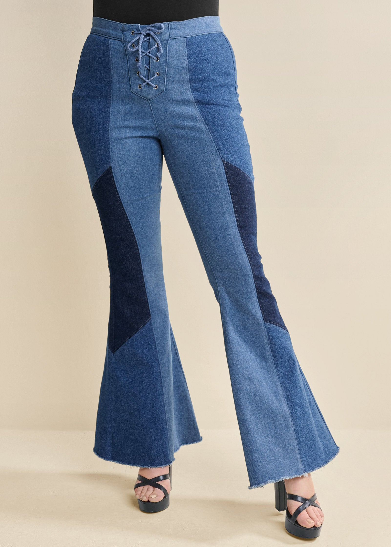 Color Block Flare Jeans - Denim Multi
