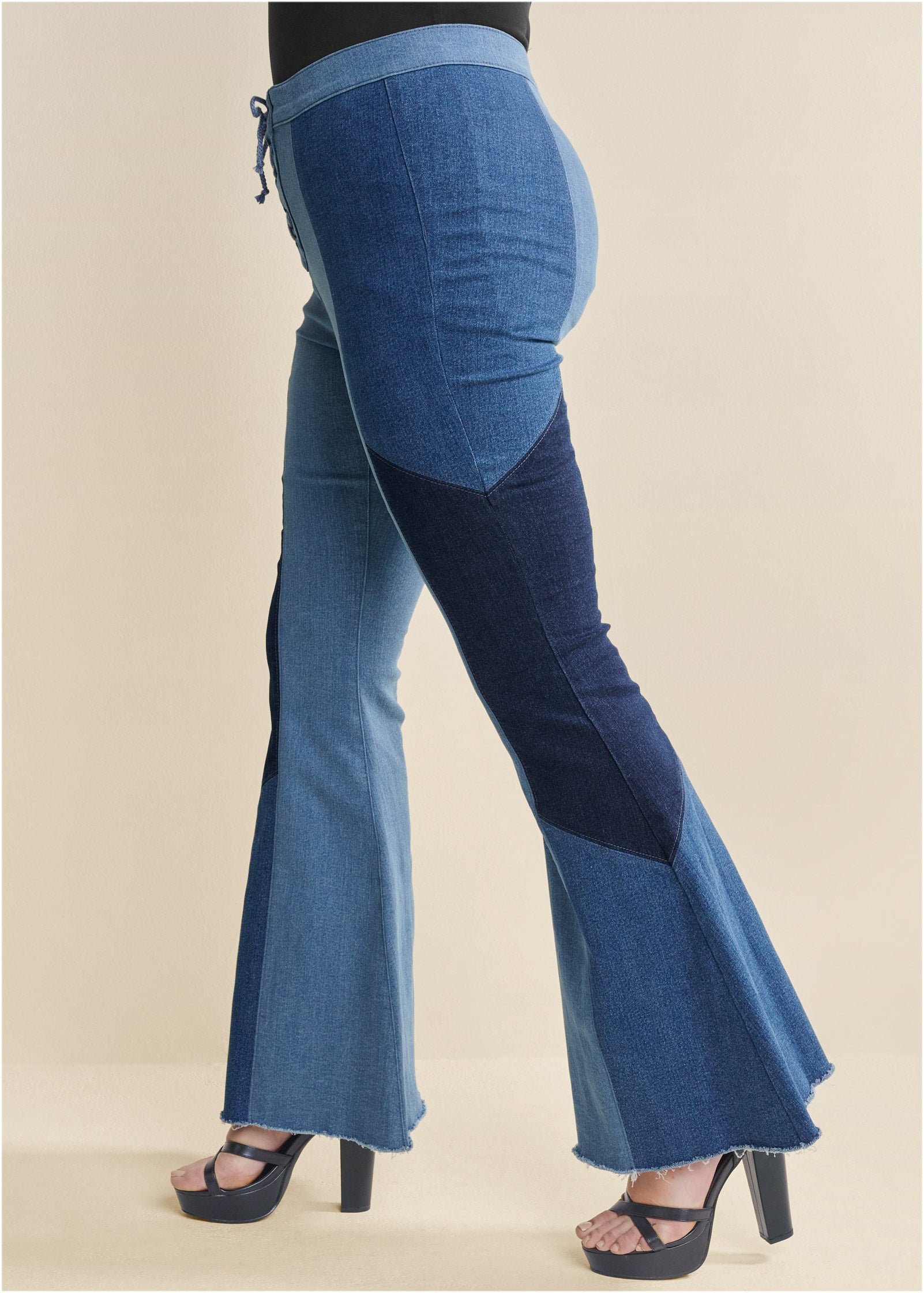 Color Block Flare Jeans - Denim Multi