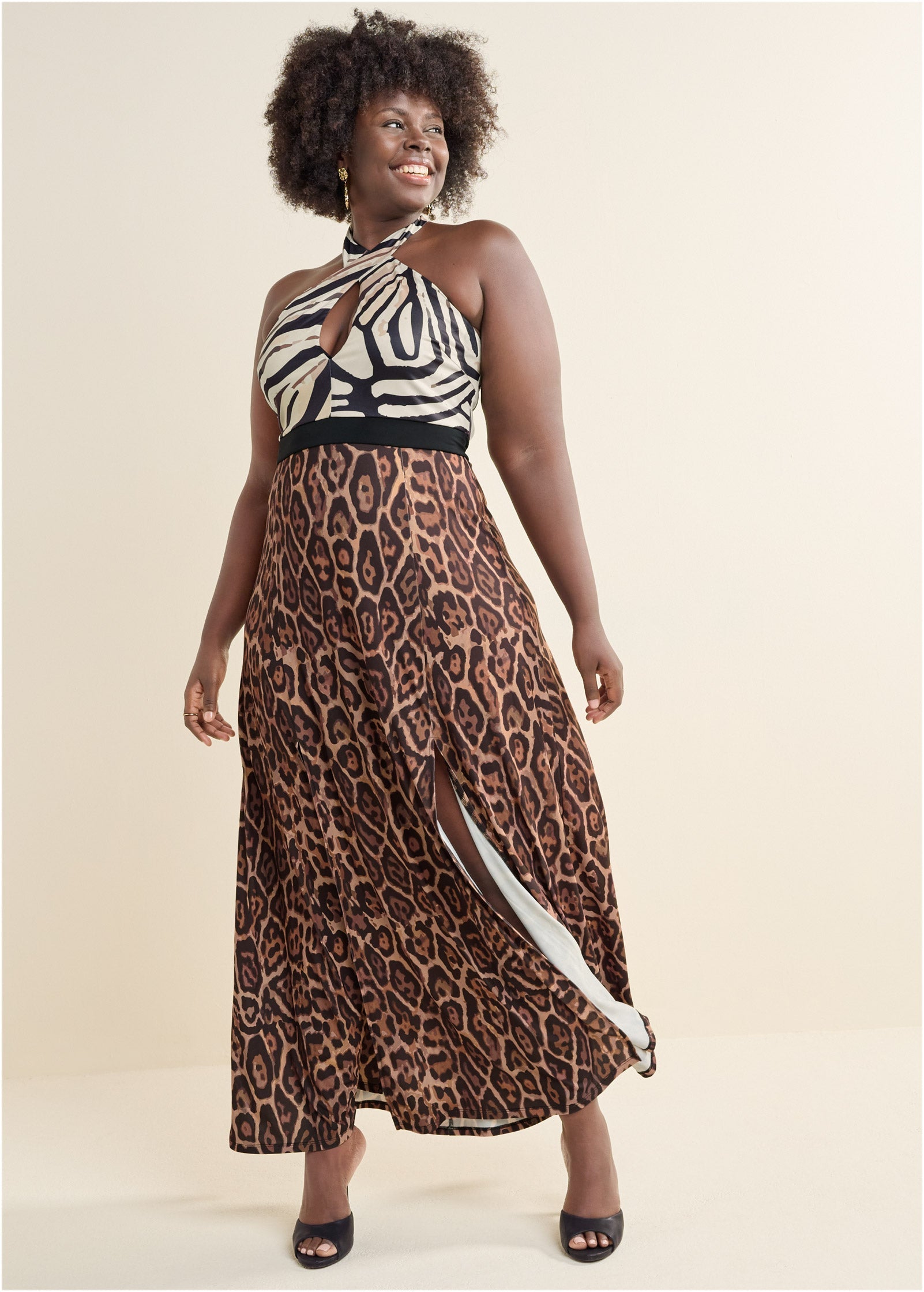 Cross-Neck Printed Dress  - Black Multi