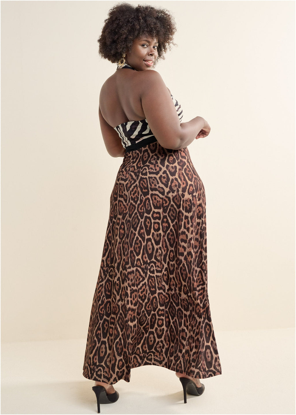 Cross-Neck Printed Dress  - Black Multi