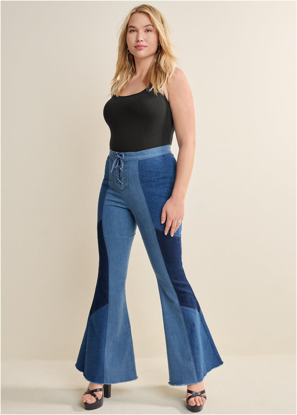 Color Block Flare Jeans - Denim Multi