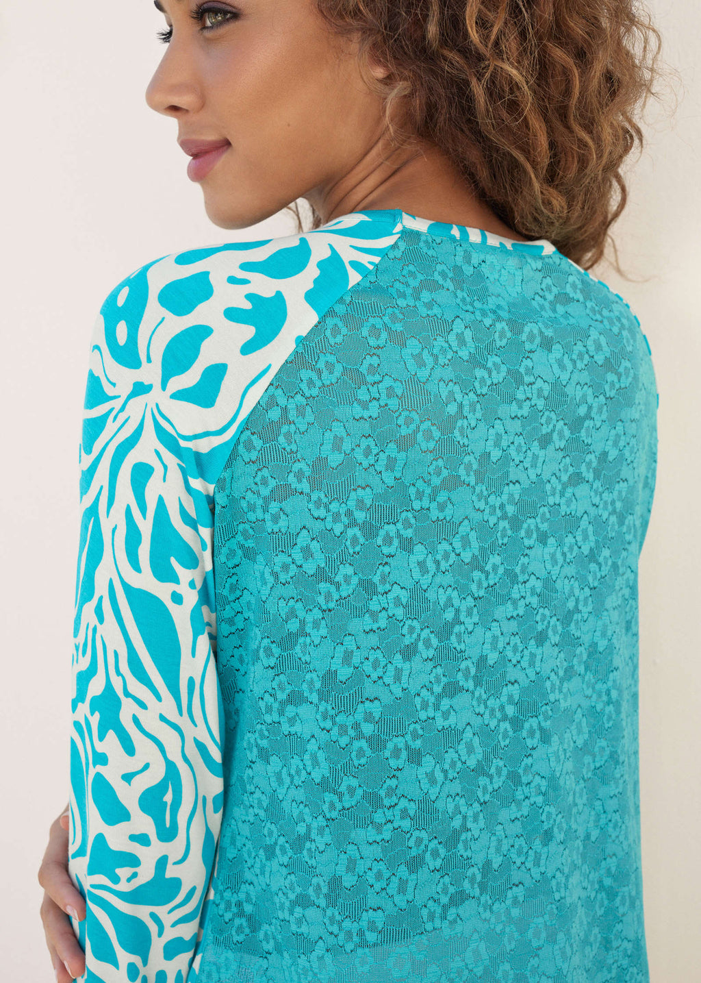 Lace Back Pajama Top - Teal & White