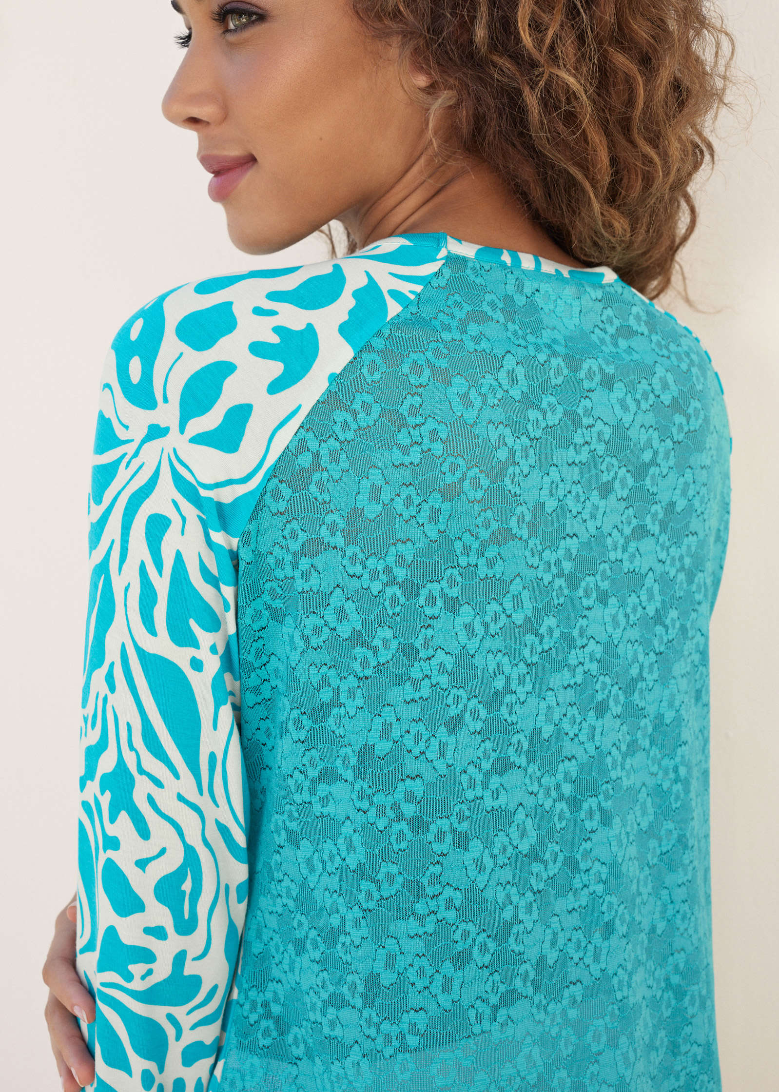 Lace Back Pajama Top - Teal & White