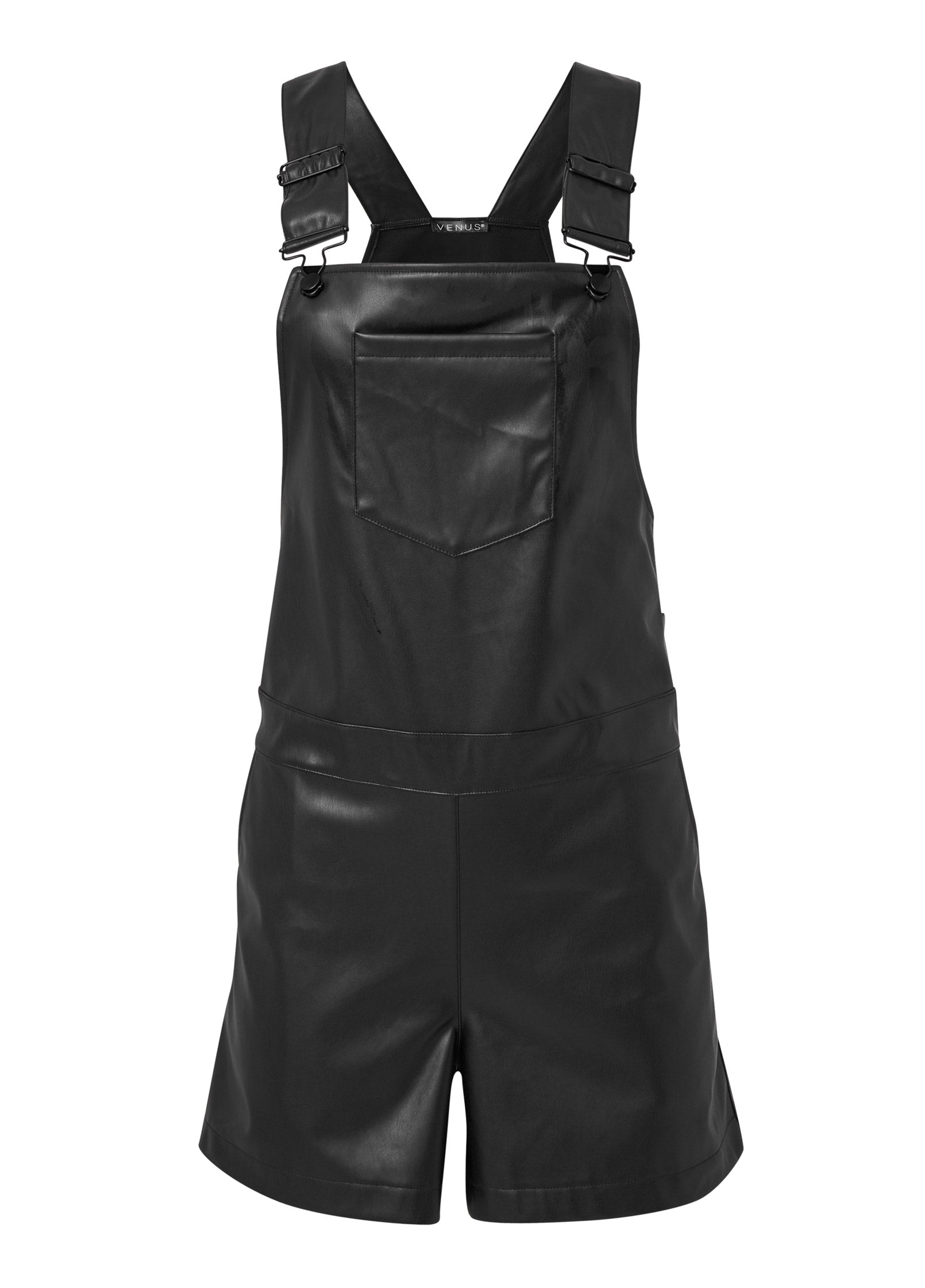 Faux Leather Overalls - Jet Black