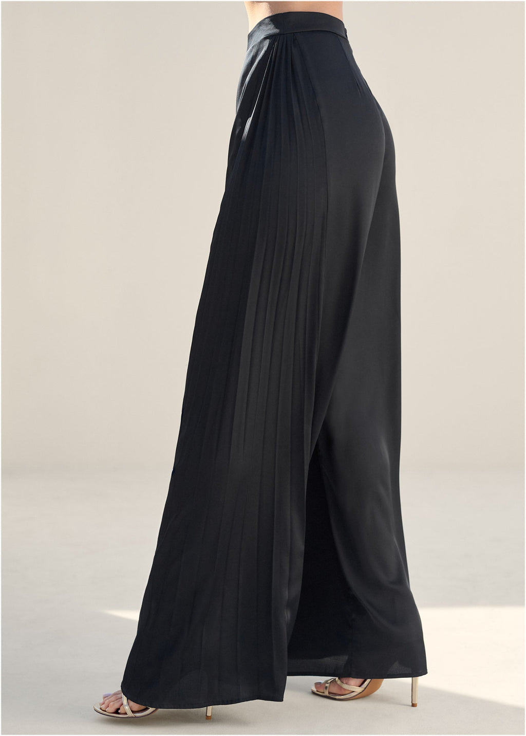 Side Pleat Wide Leg Pants - Jet Black