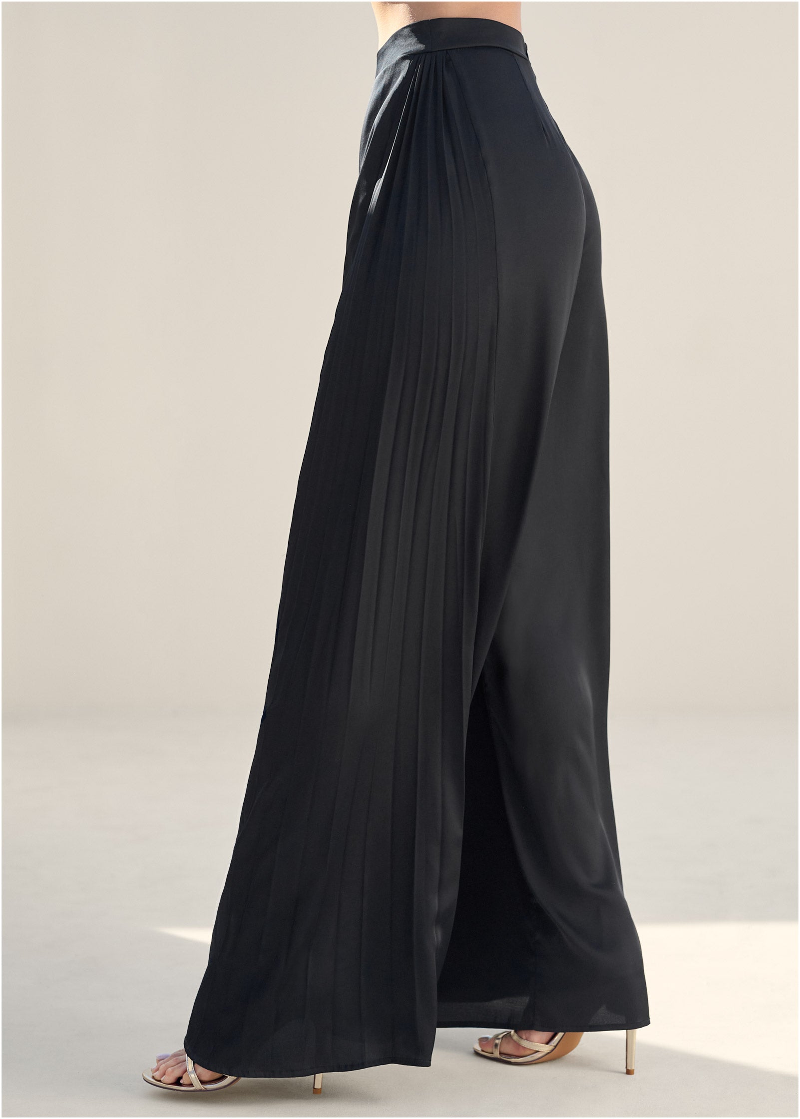 Side Pleat Wide Leg Pants - Jet Black