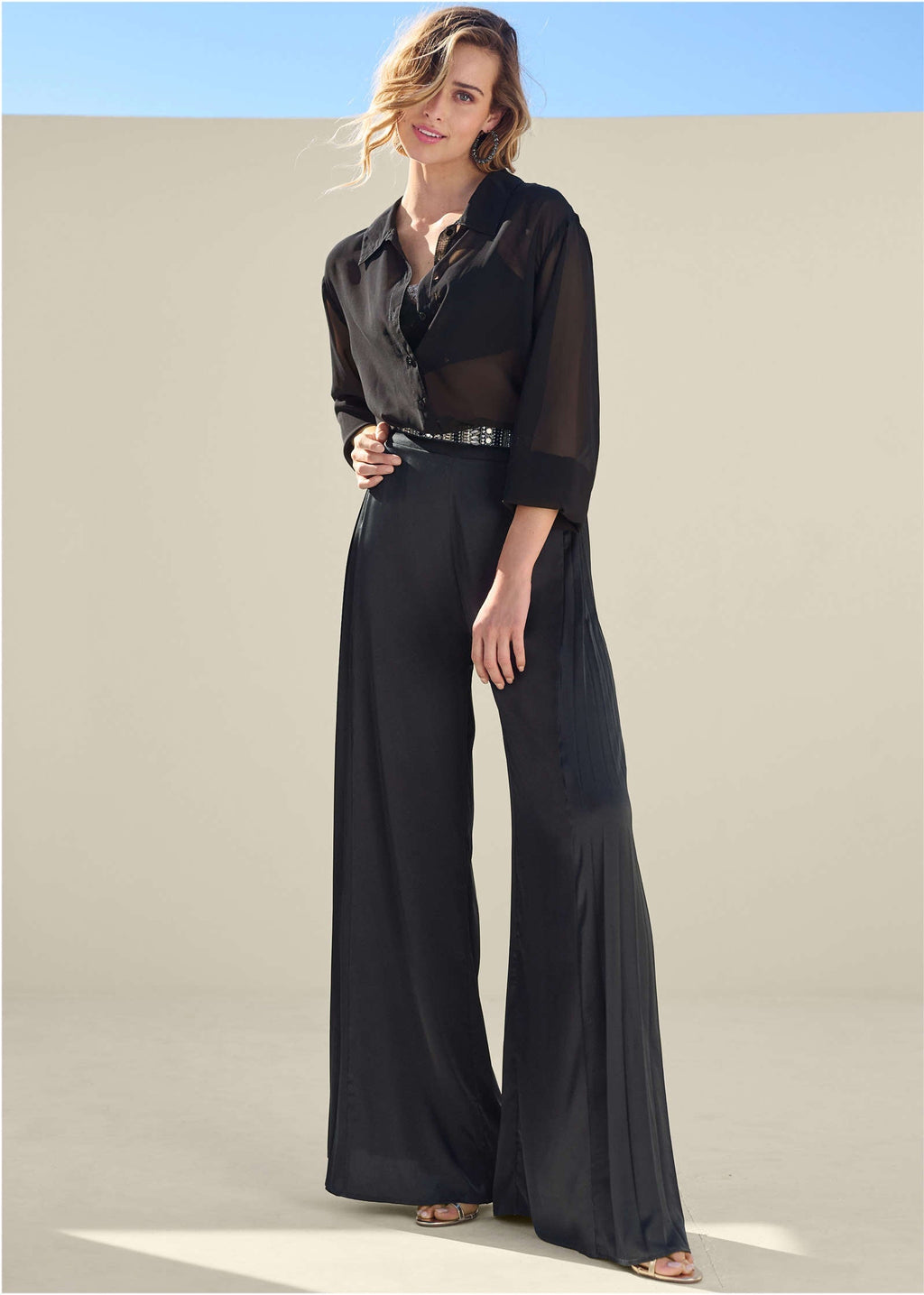 Side Pleat Wide Leg Pants - Jet Black