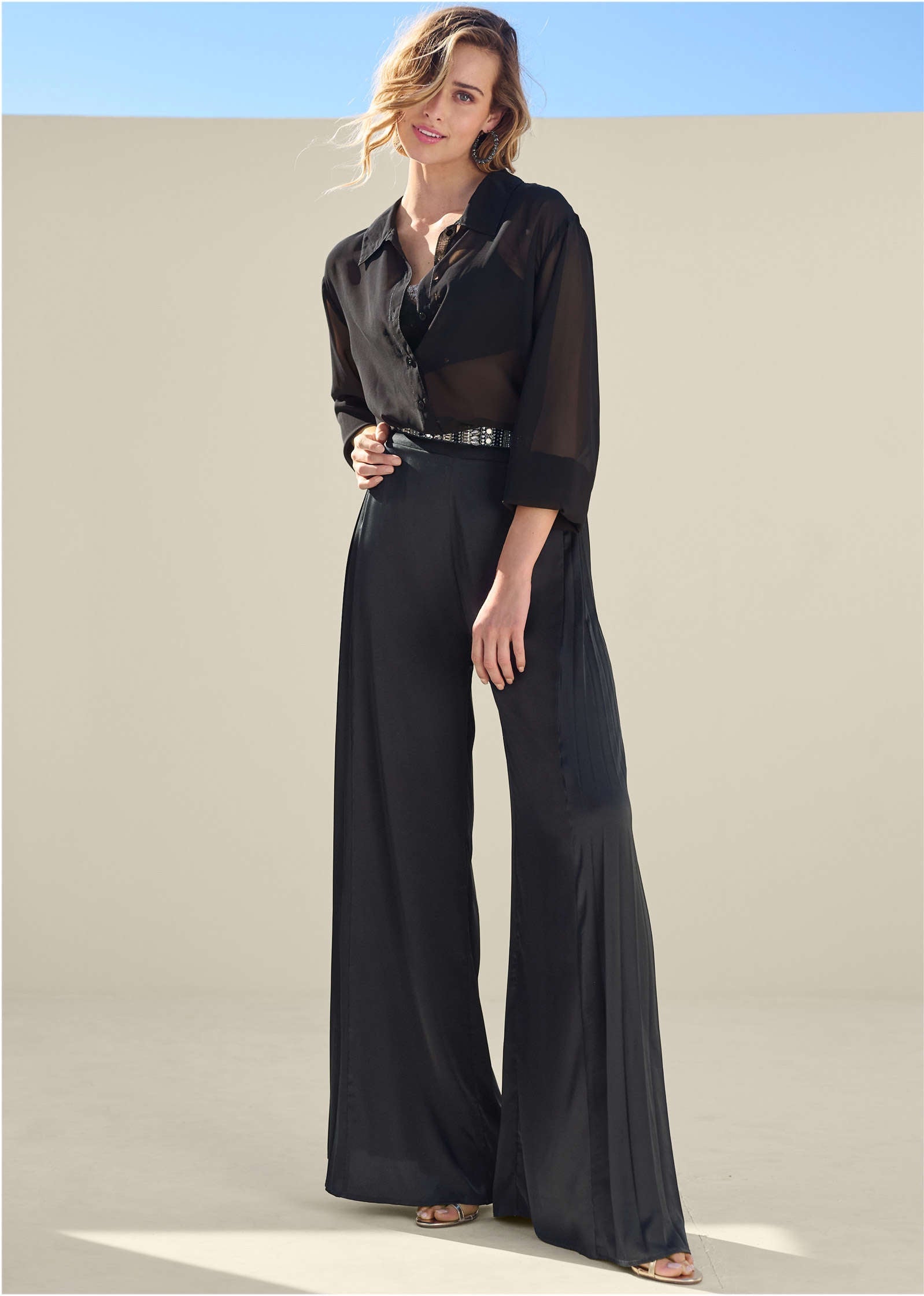 Side Pleat Wide Leg Pants - Jet Black