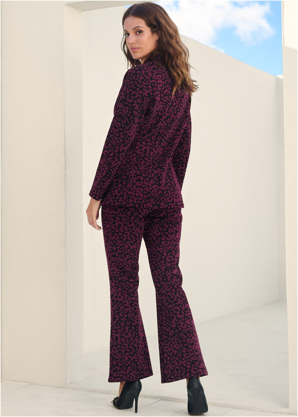 Leopard Kick Flare Suit Set - Wine
