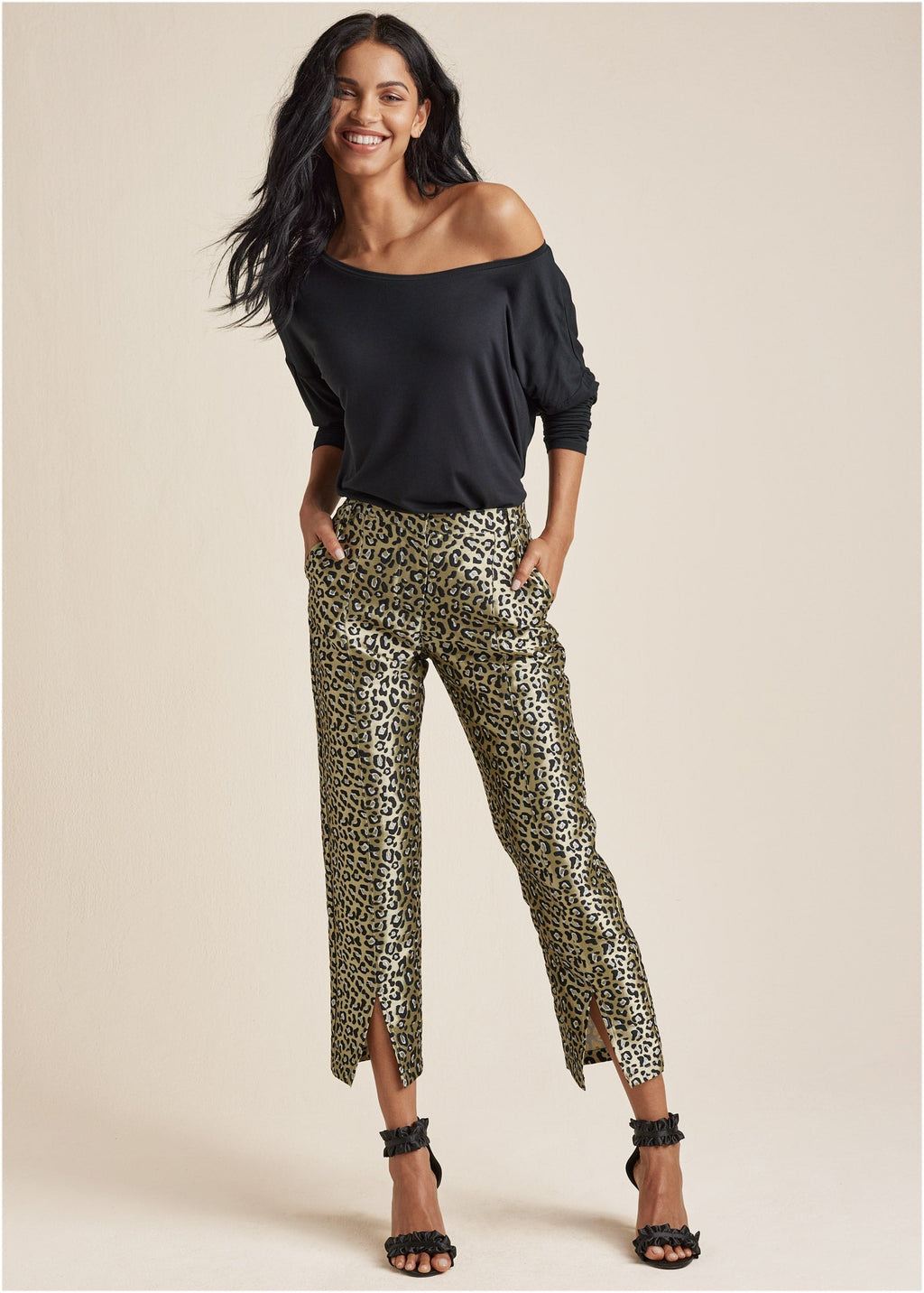 Jacquard Slit Hem Pants - Black & Gold
